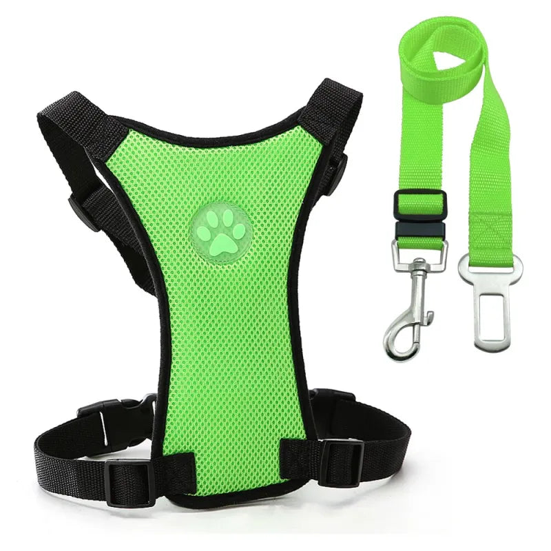 Dog supplies Breathable mesh chest straps Pet car safety chest back Green Set S