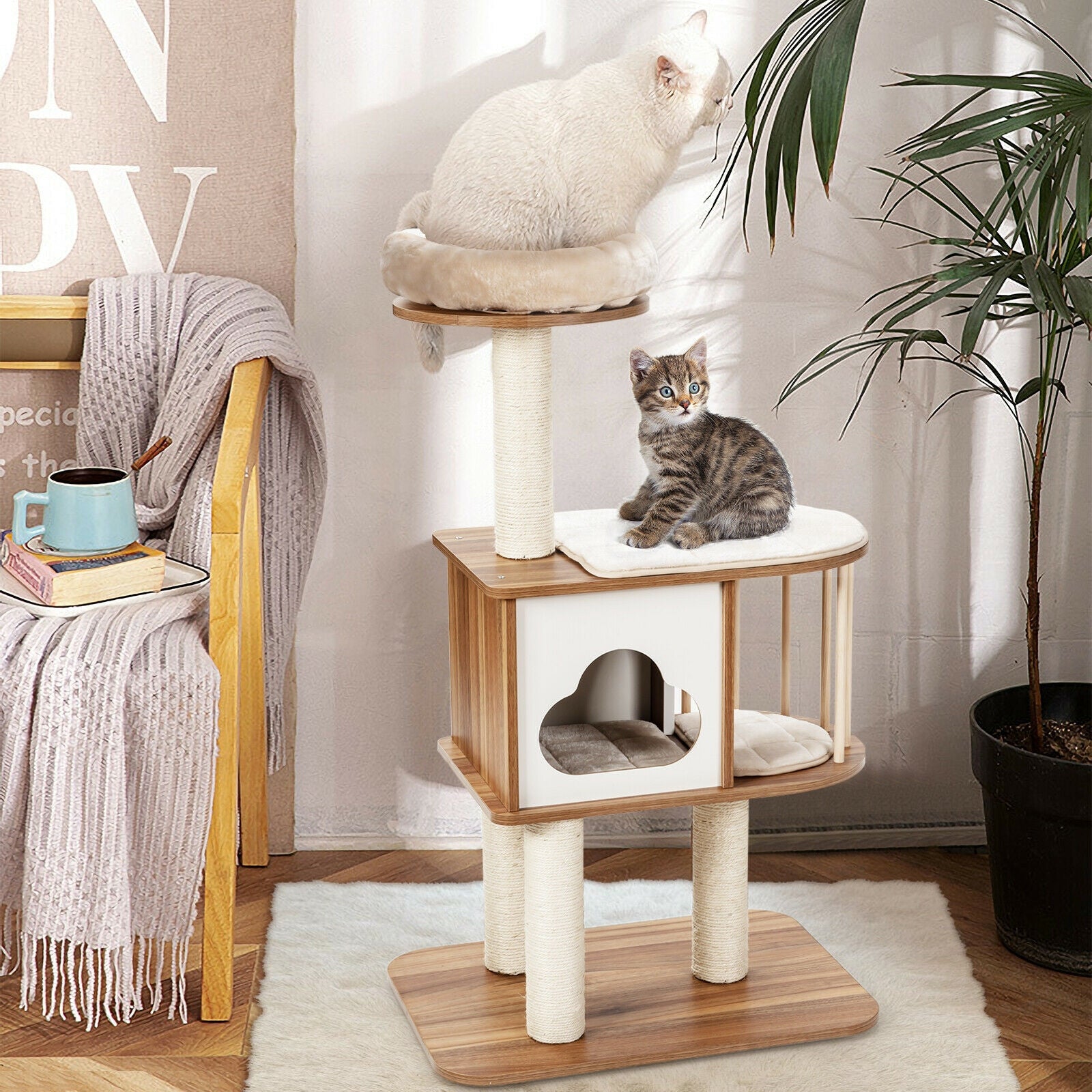46 Inch Wooden Cat Activity Tree with Platform and Cushions