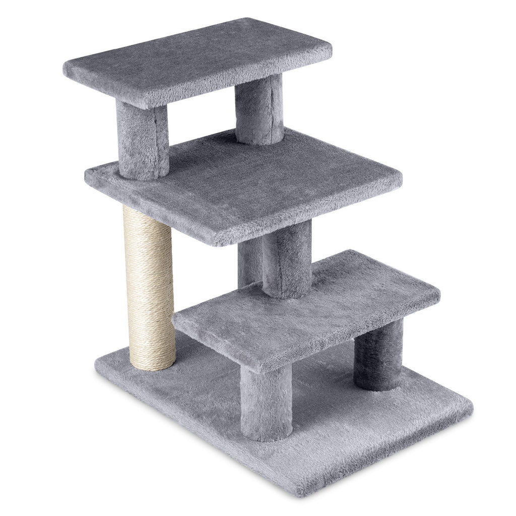 3-Tier Cat Stairs 19 Inch Plush Steps with Scratching Posts for High Bed Sofa-Gray Default Title