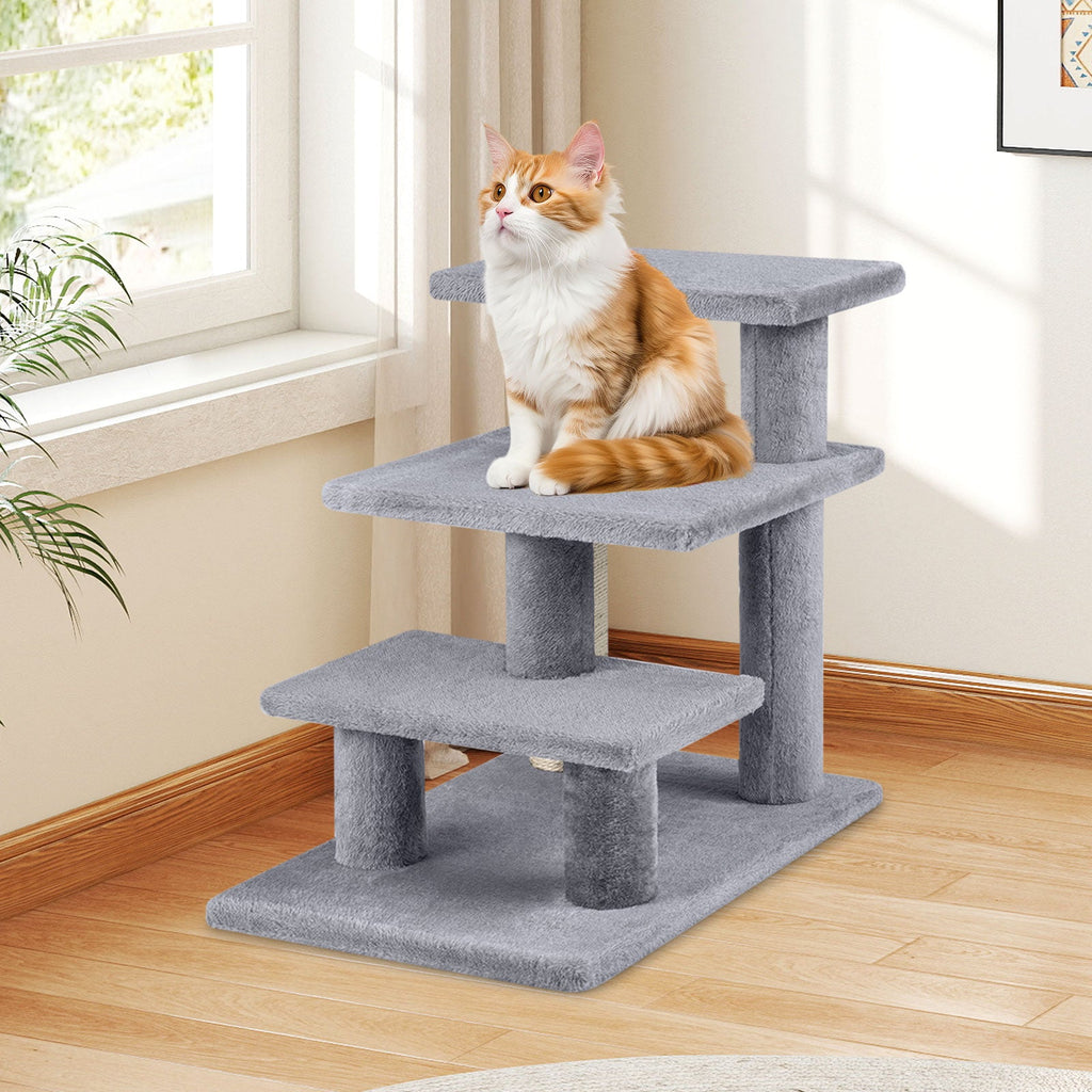 3-Tier Cat Stairs 19 Inch Plush Steps with Scratching Posts for High Bed Sofa-Gray