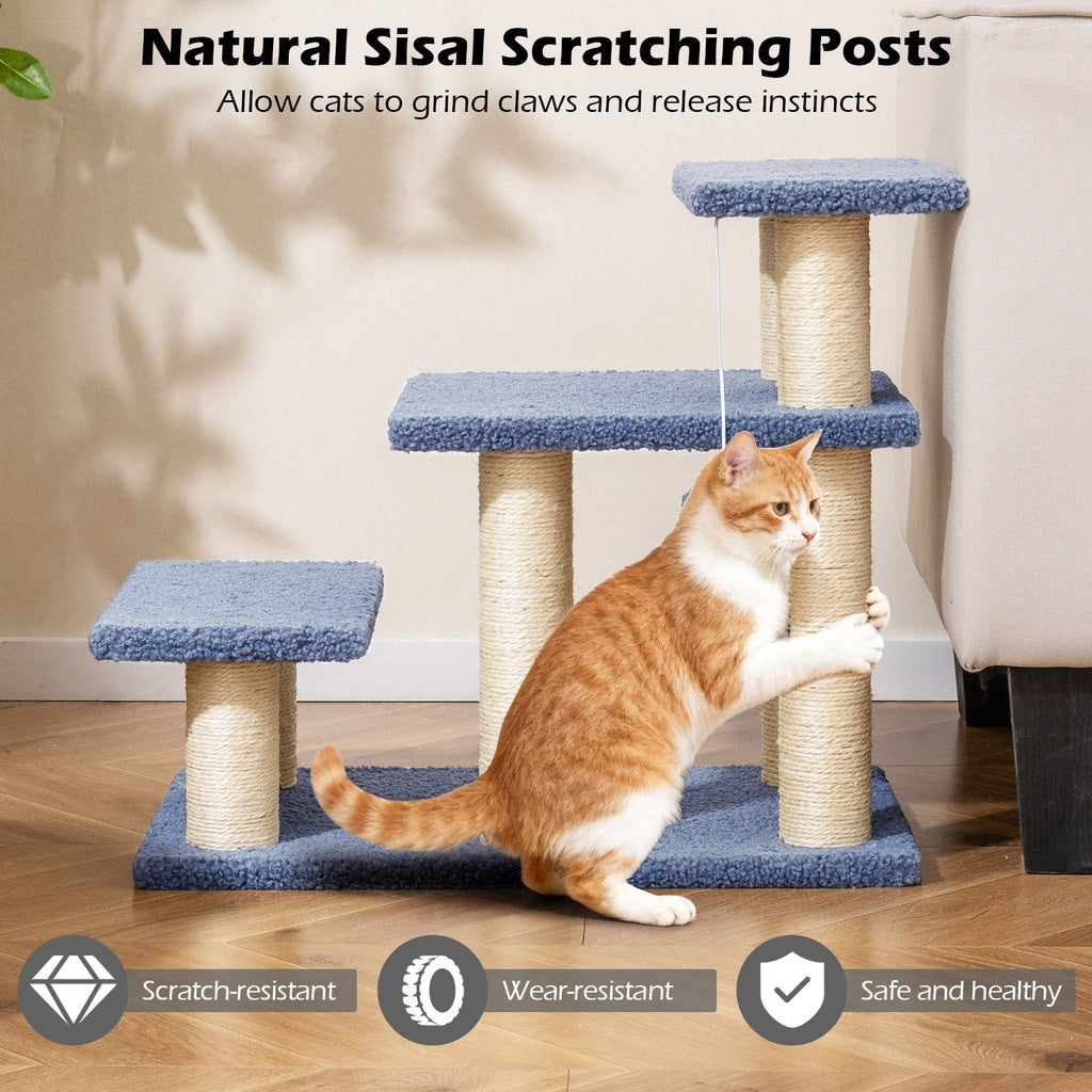 3-Tier Cat Stairs 20 Inch with Scratching Posts and Hanging Toy Ball-Gray