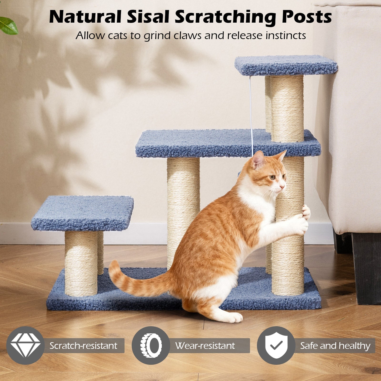 3-Tier Cat Stairs 20 Inch with Scratching Posts and Hanging Toy Ball-Gray
