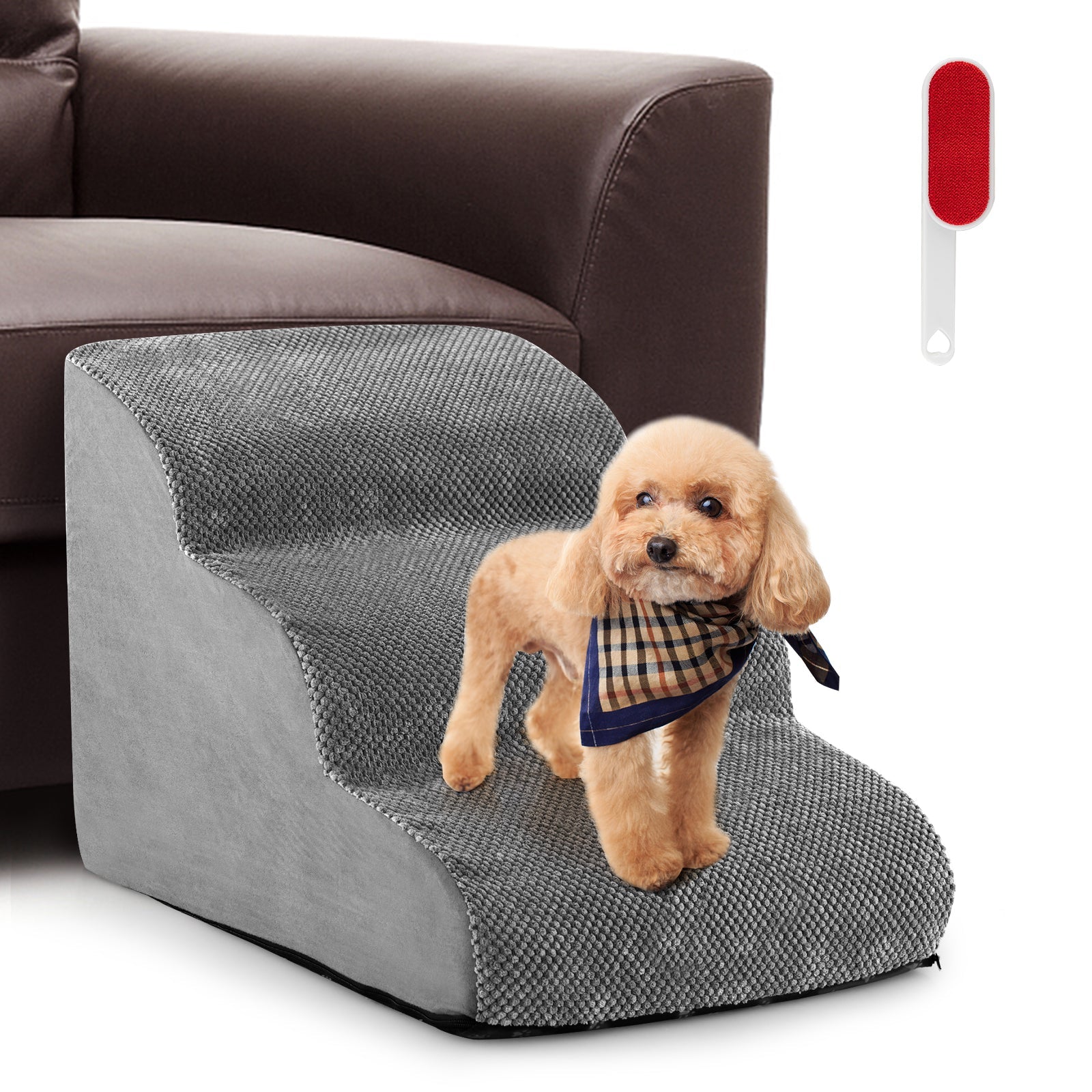 3-Tier Non-Slip Dog Steps with High-Density Sponge and Silicone Paw Prints-Gray