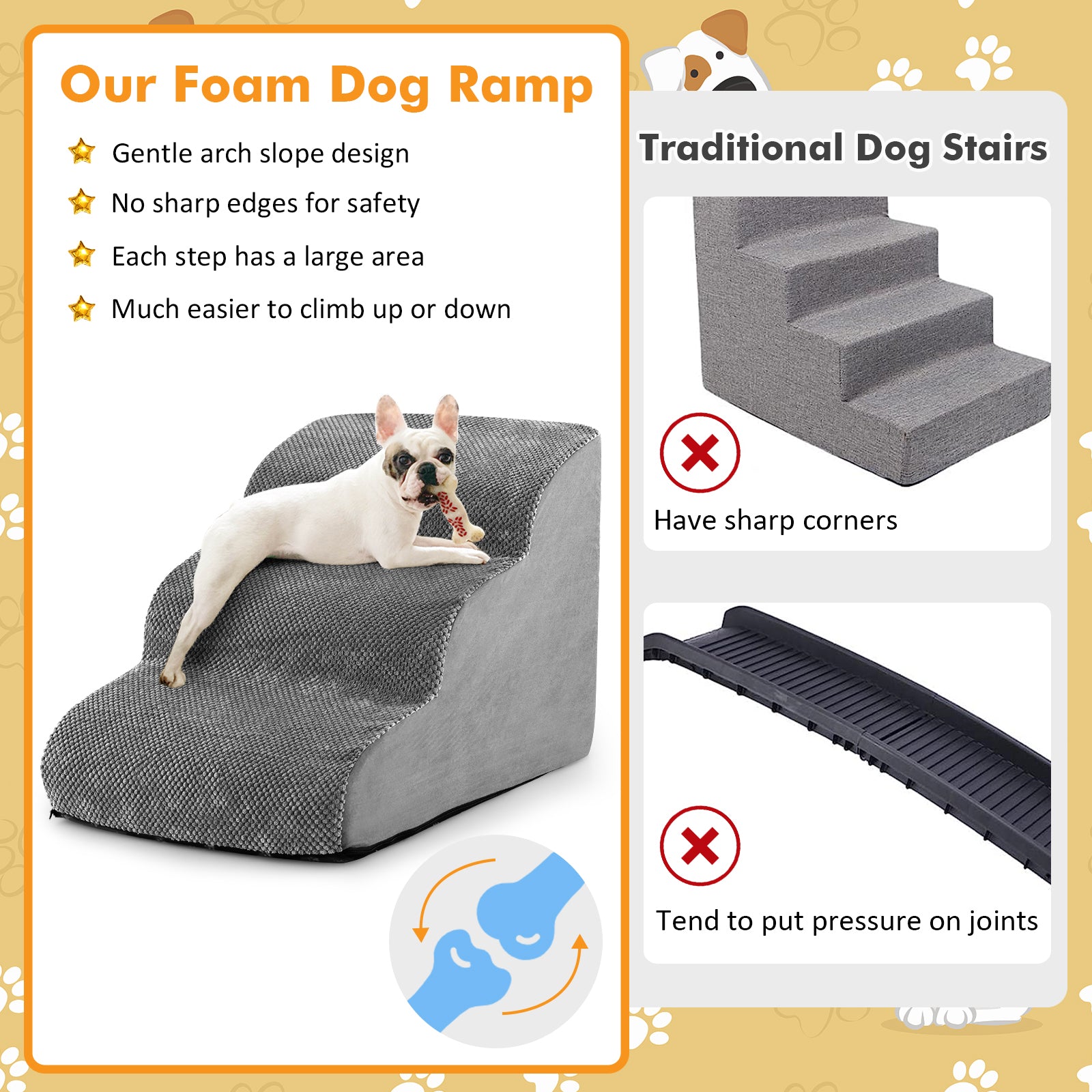 3-Tier Non-Slip Dog Steps with High-Density Sponge and Silicone Paw Prints-Gray