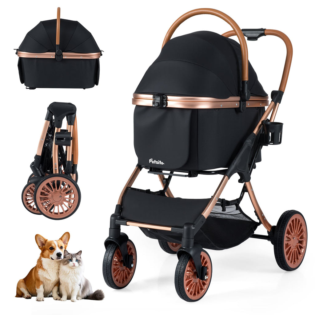 3-in-1 Foldable Pet Stroller with Sun Shade and Safety Belt for up to 55 lbs Small Medium Dogs Cats-Black Default Title