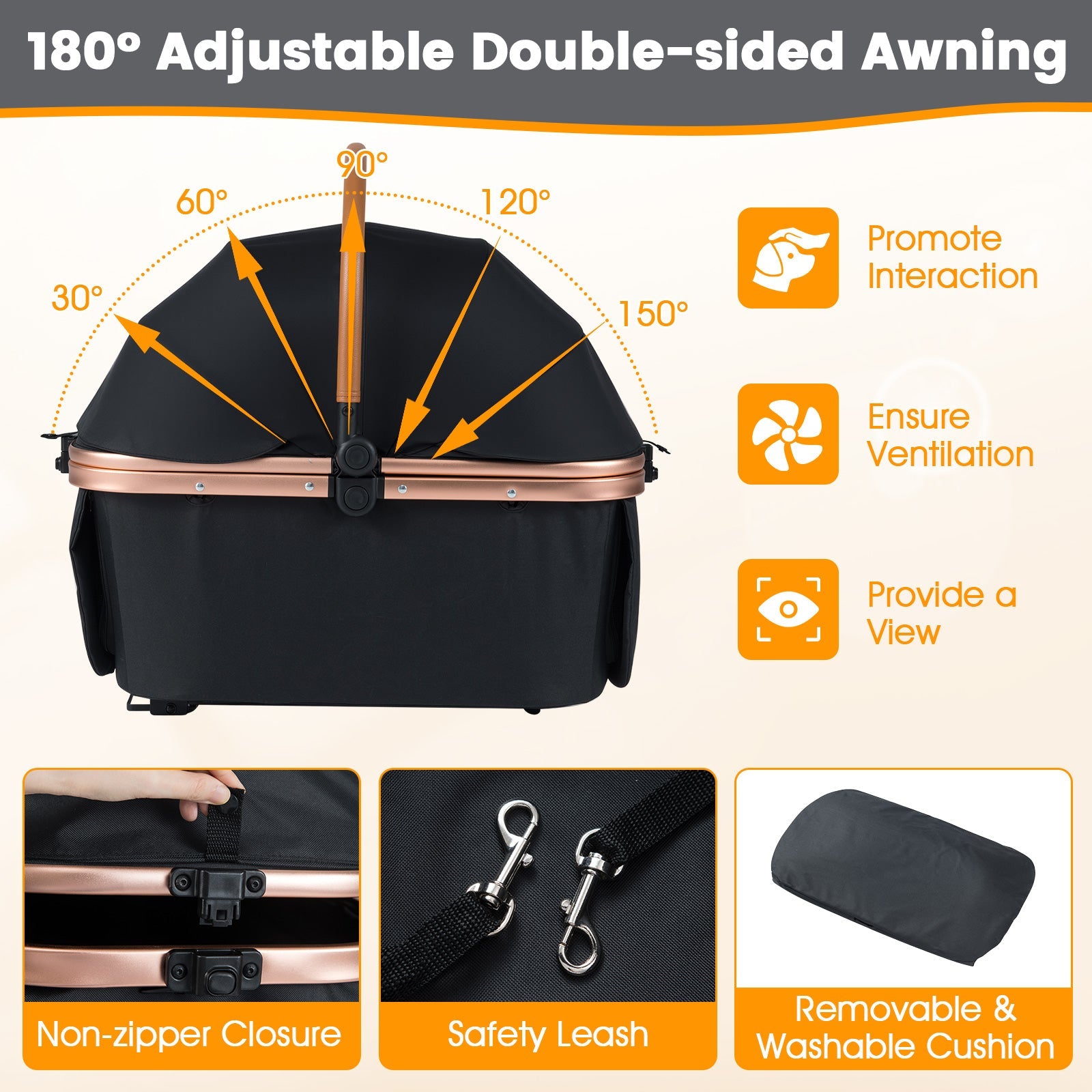 3-in-1 Foldable Pet Stroller with Sun Shade and Safety Belt for up to 55 lbs Small Medium Dogs Cats-Black