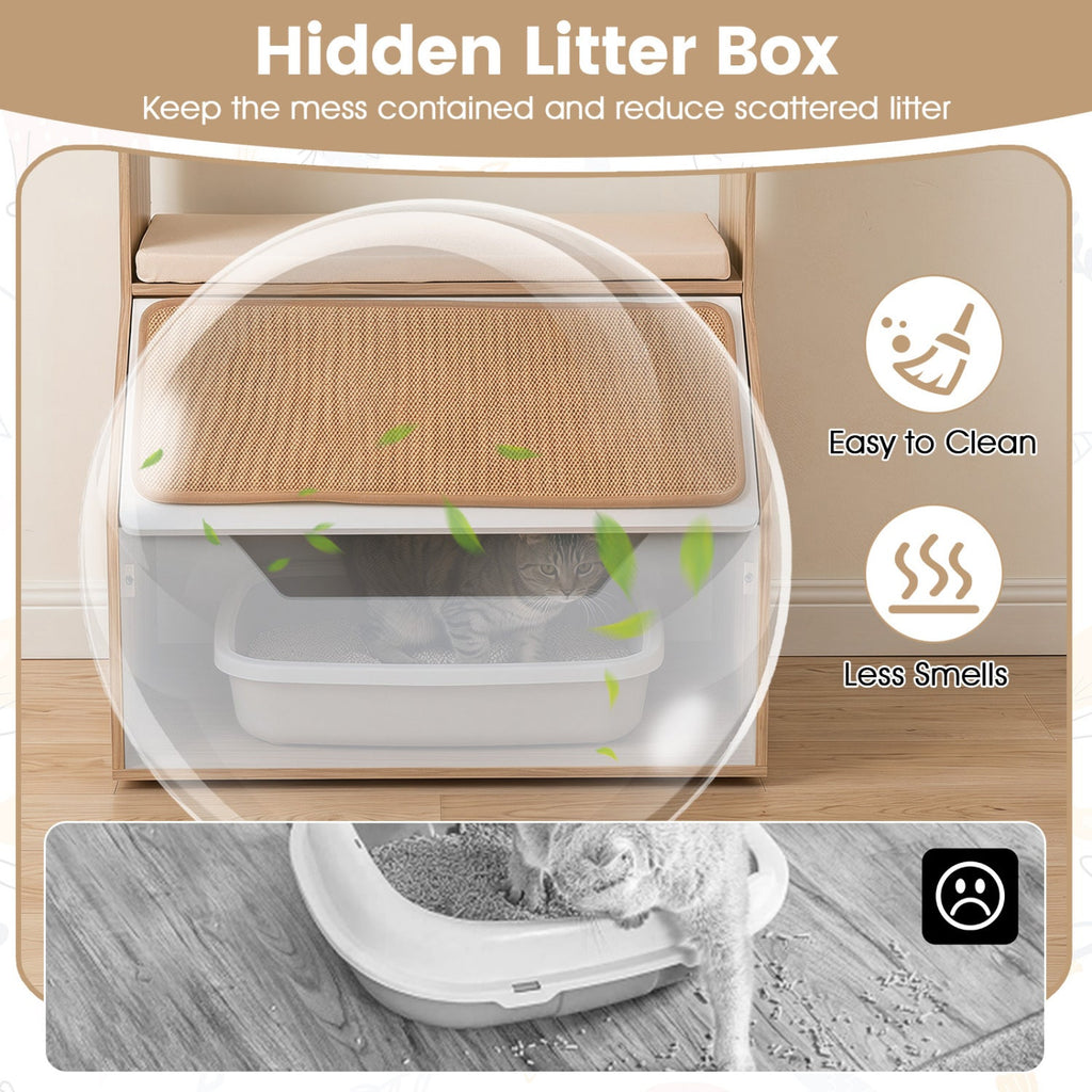 Hidden Cat Litter Box Cabinet with Scratching Pad & Cushion