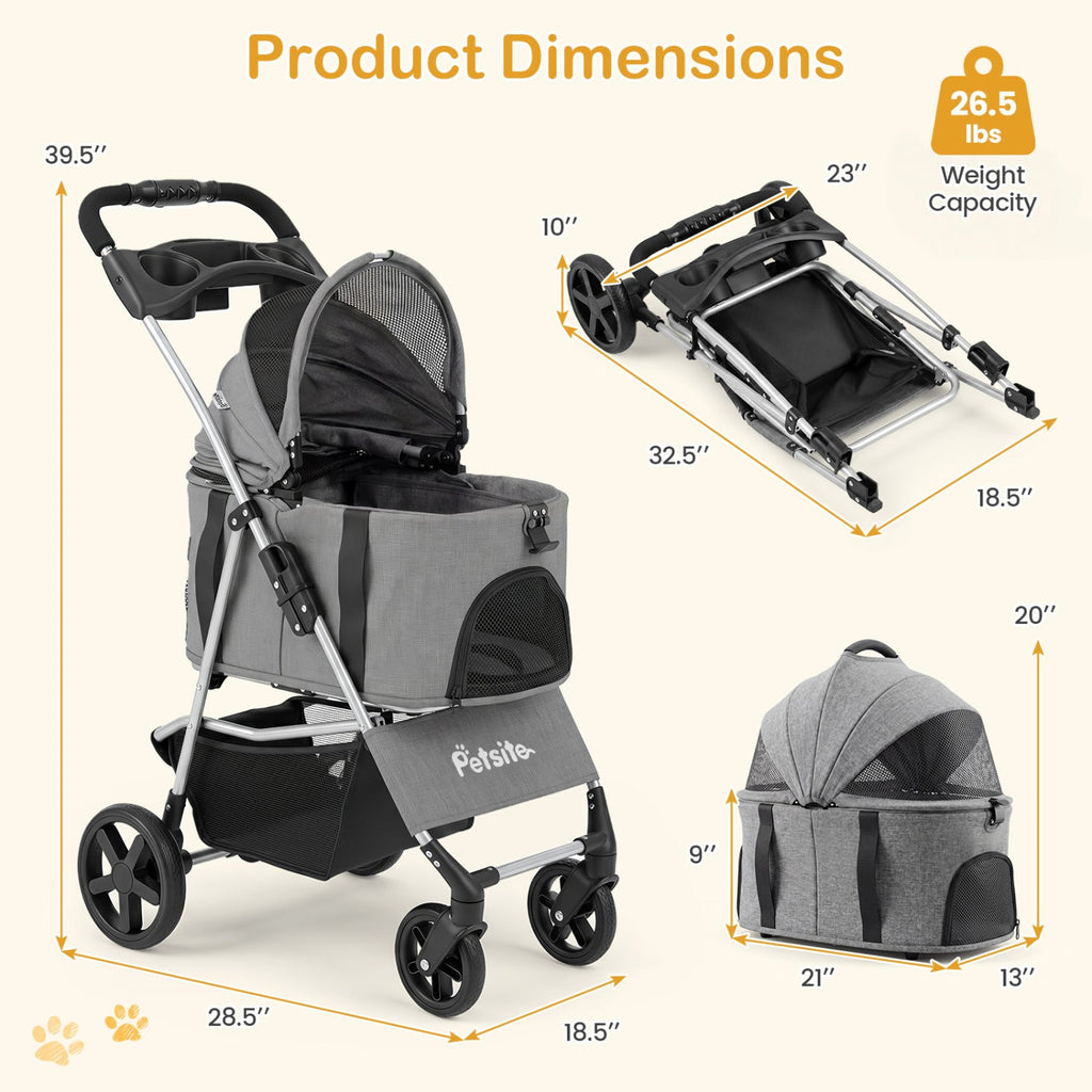 3-in-1 Foldable Pet Stroller for Small to Medium Dogs