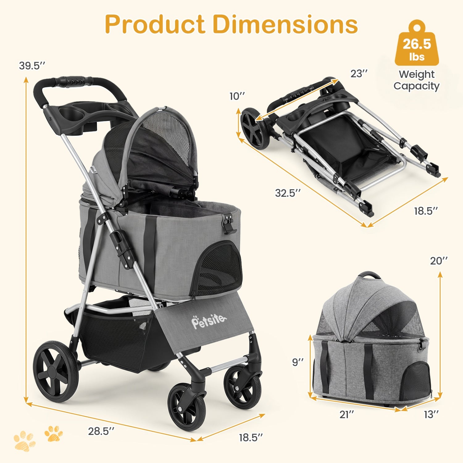 3-in-1 Foldable Pet Stroller for Small to Medium Dogs