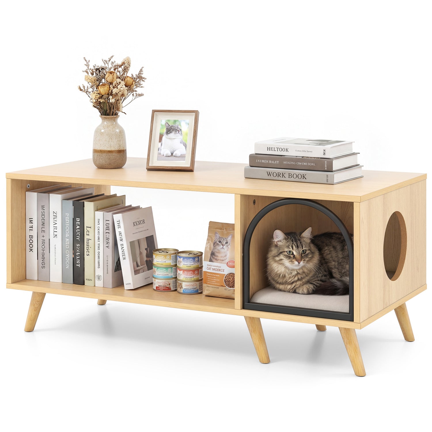 40 Inch Coffee Table Cat House 2-in-1 Wooden Kitten Furniture with Open Storage Shelf-Natural Default Title
