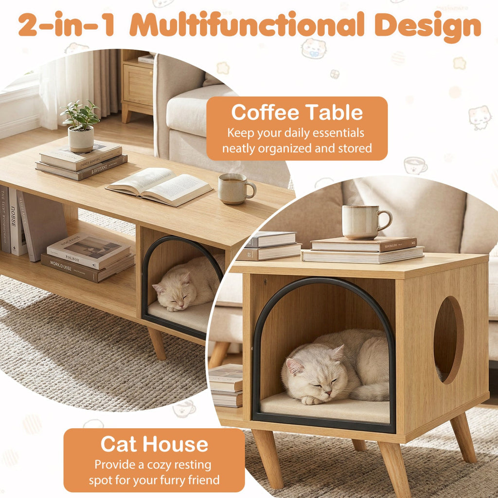 40 Inch Coffee Table Cat House 2-in-1 Wooden Kitten Furniture with Open Storage Shelf-Natural