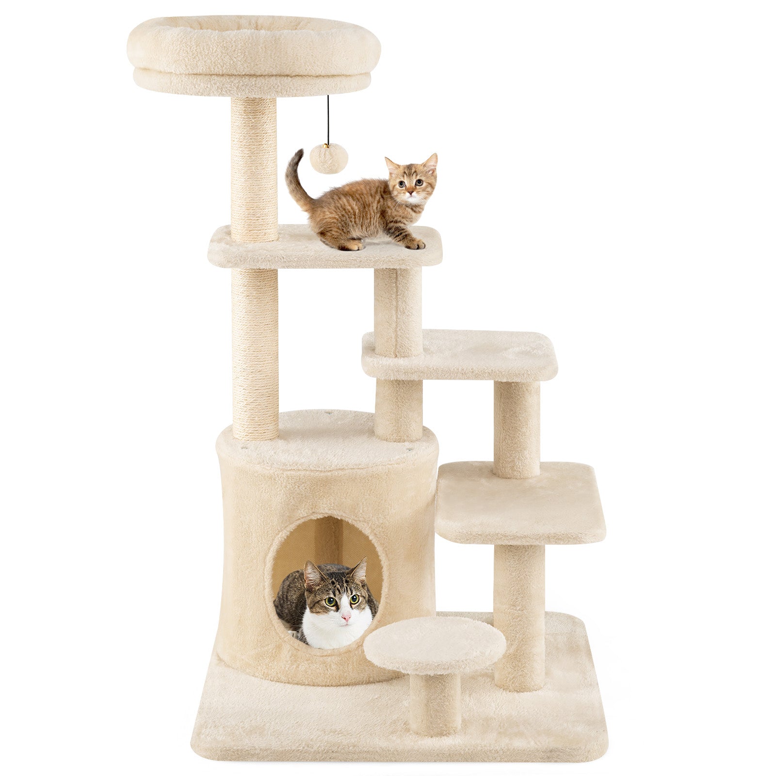 40 Inch Multi-level Cat Tower with Condo and Dangling Jingle Ball Beige