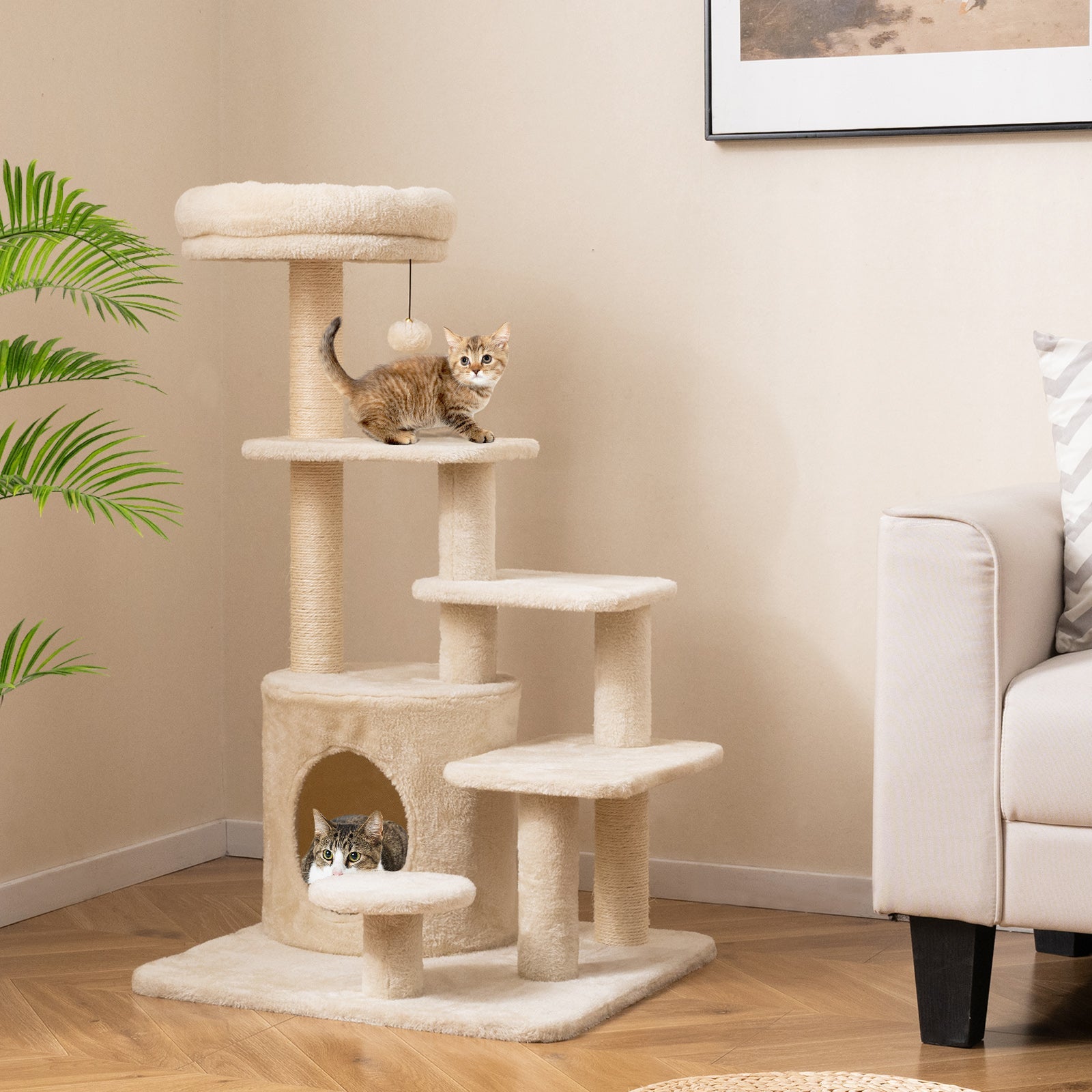 40 Inch Multi-level Cat Tower with Condo and Dangling Jingle Ball