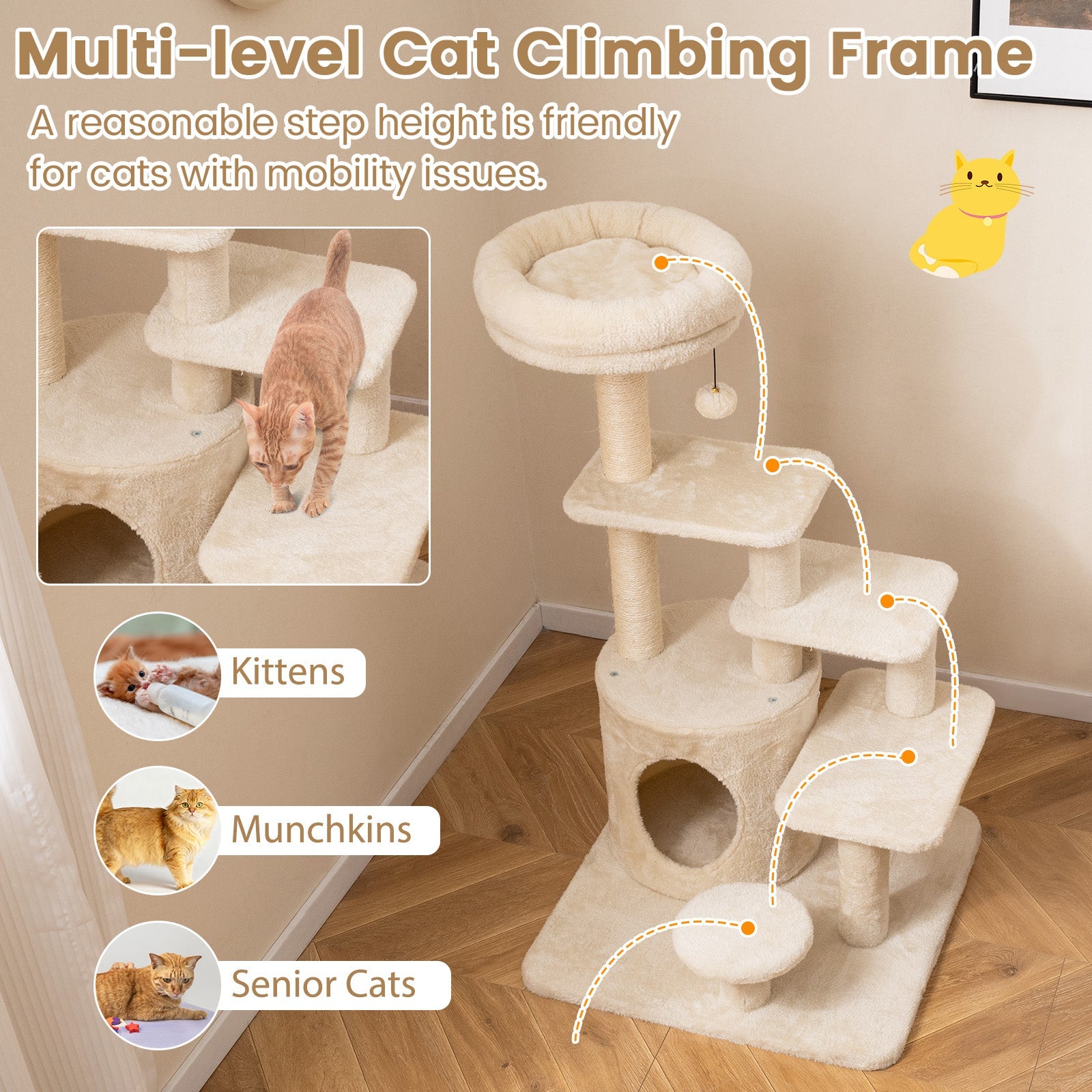 40 Inch Multi-level Cat Tower with Condo and Dangling Jingle Ball