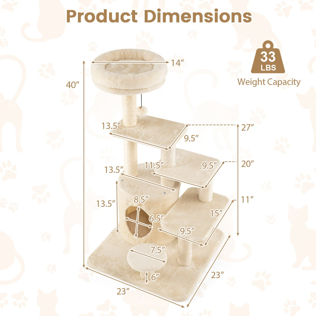 40 Inch Multi-level Cat Tower with Condo and Dangling Jingle Ball