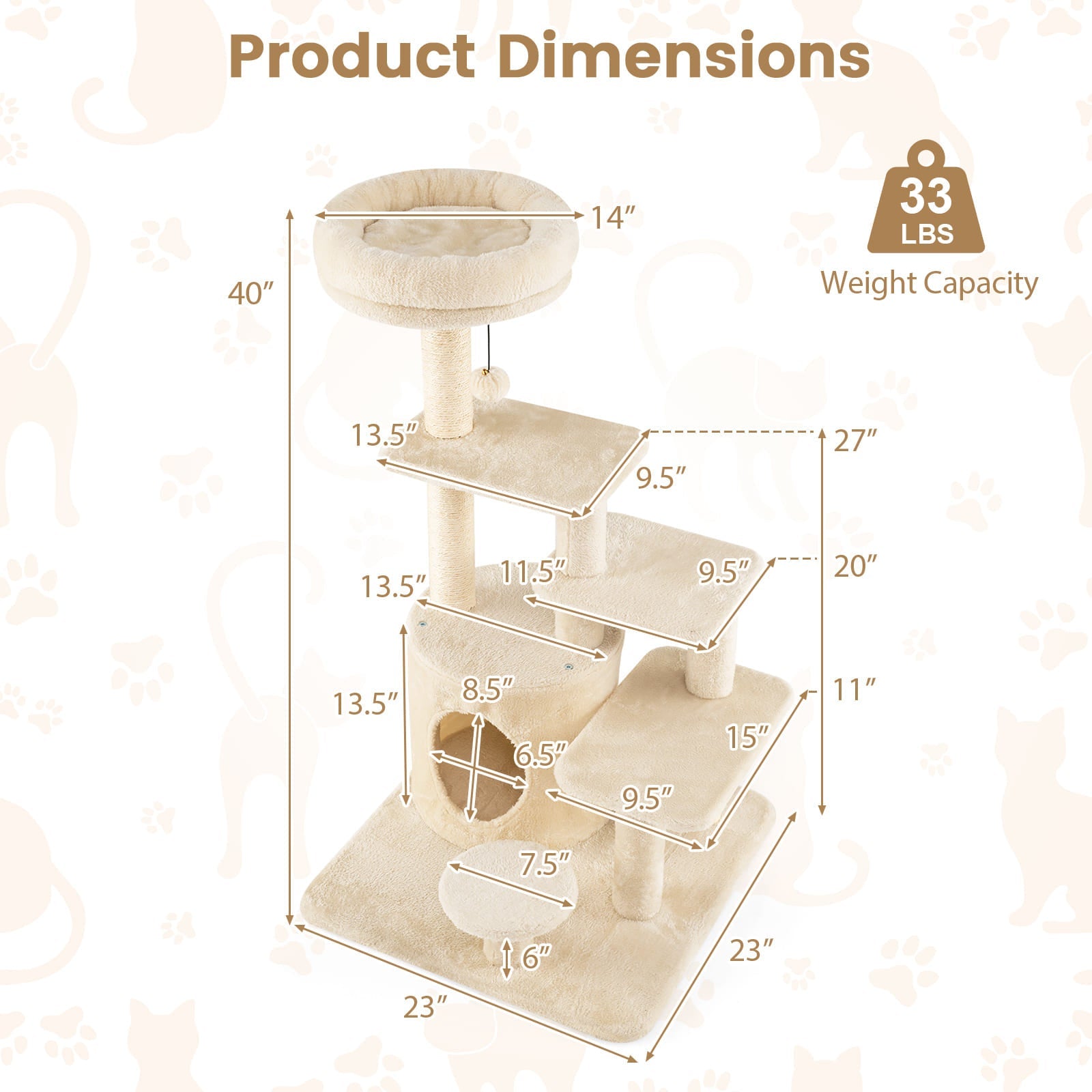 40 Inch Multi-level Cat Tower with Condo and Dangling Jingle Ball