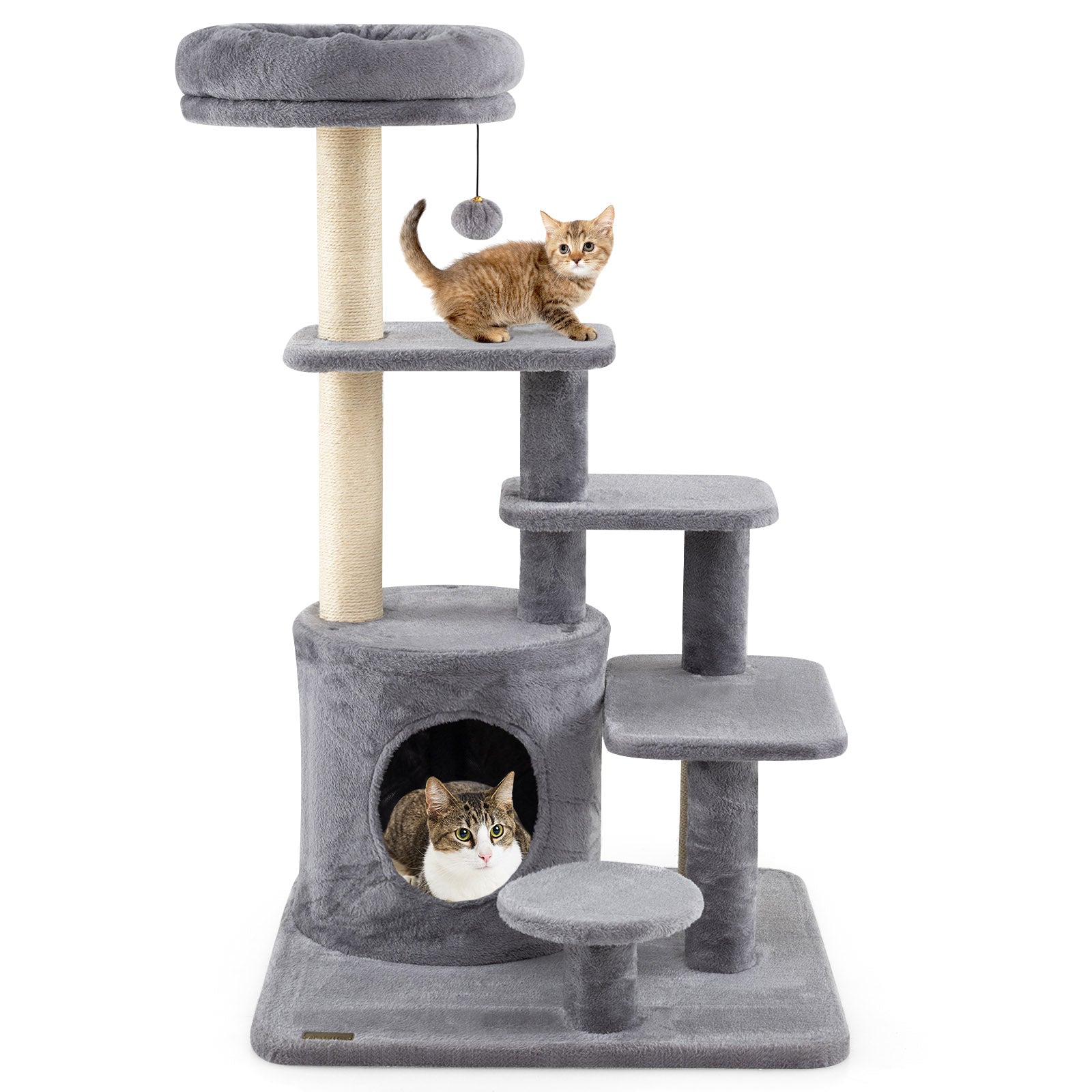 40 Inch Multi-level Cat Tower with Condo and Dangling Jingle Ball Gray