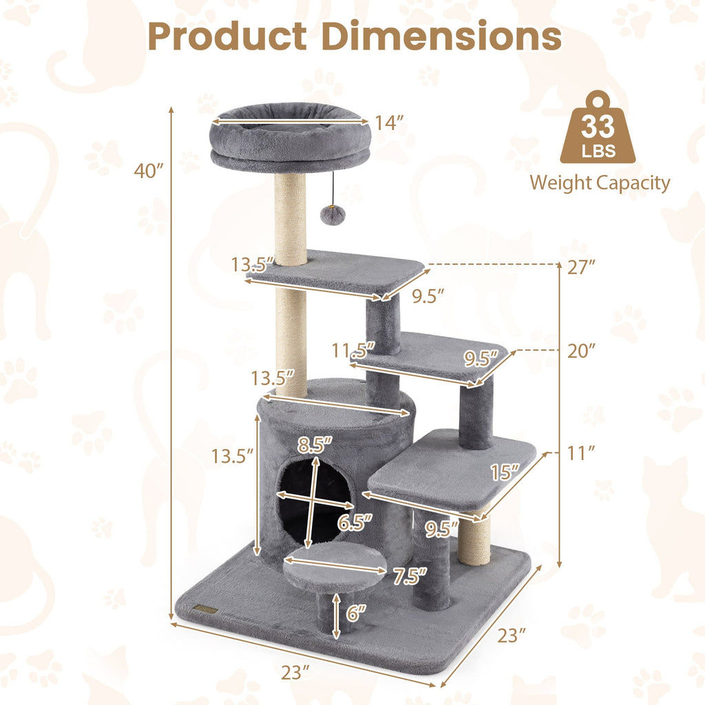 40 Inch Multi-level Cat Tower with Condo and Dangling Jingle Ball