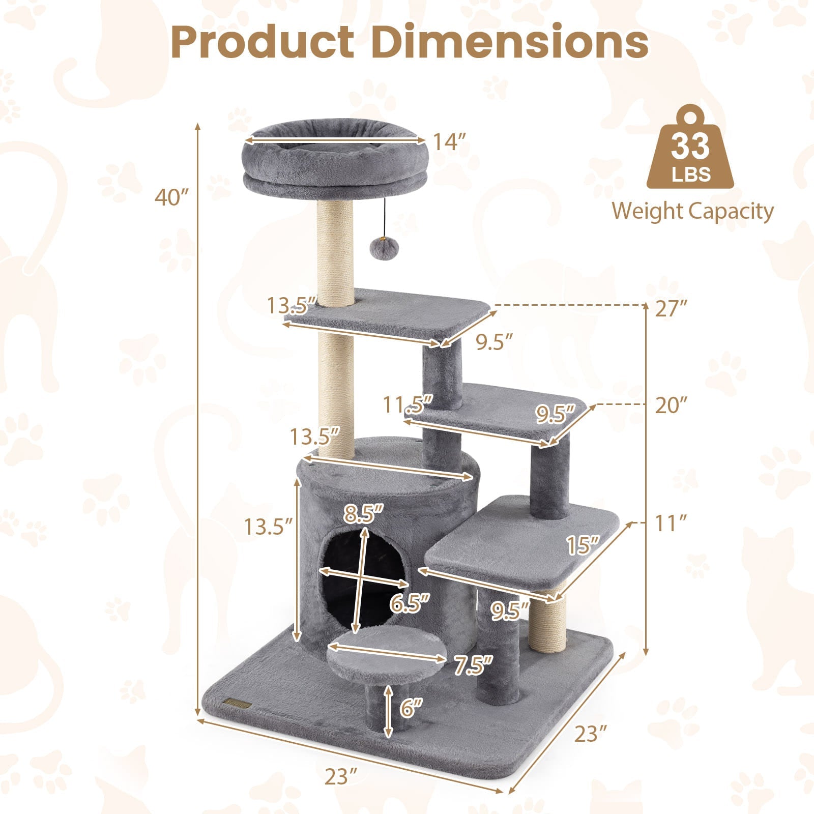 40 Inch Multi-level Cat Tower with Condo and Dangling Jingle Ball
