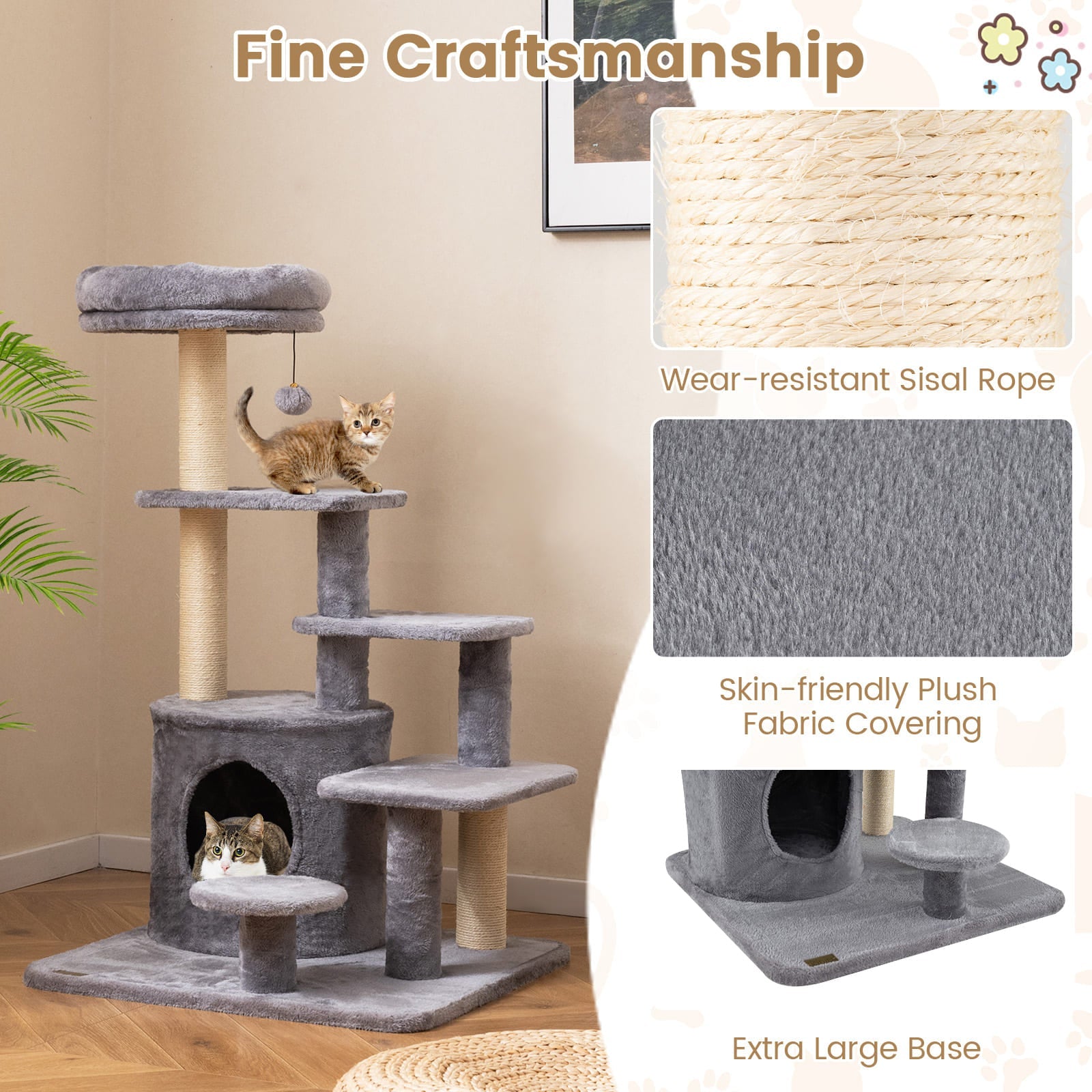 40 Inch Multi-level Cat Tower with Condo and Dangling Jingle Ball