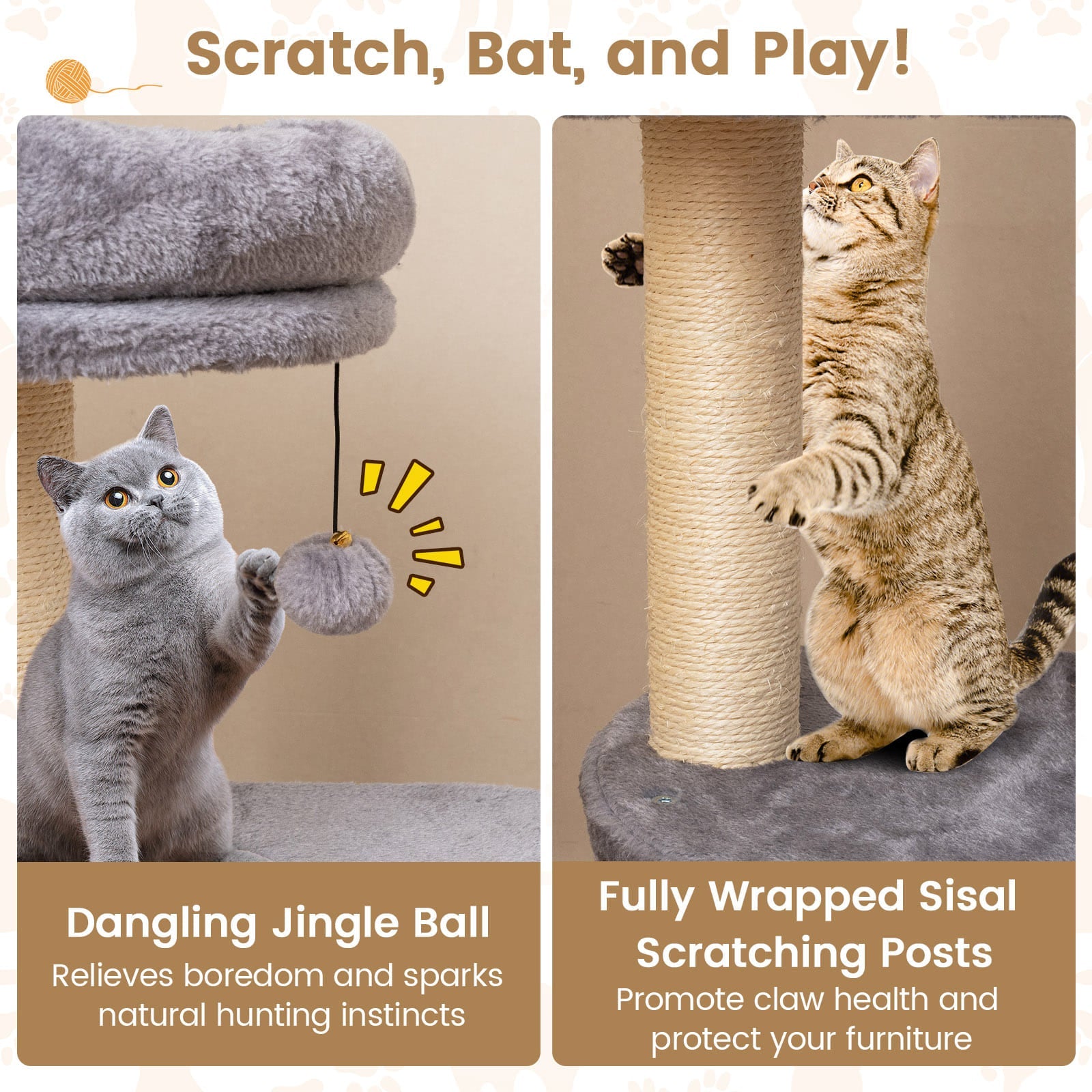 40 Inch Multi-level Cat Tower with Condo and Dangling Jingle Ball
