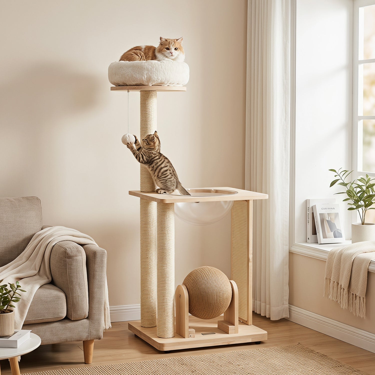 40" Solid Wood Cat Tree with Space Capsule & Sisal Posts