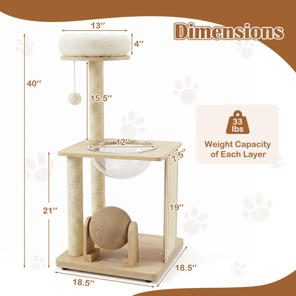 40" Solid Wood Cat Tree with Space Capsule & Sisal Posts