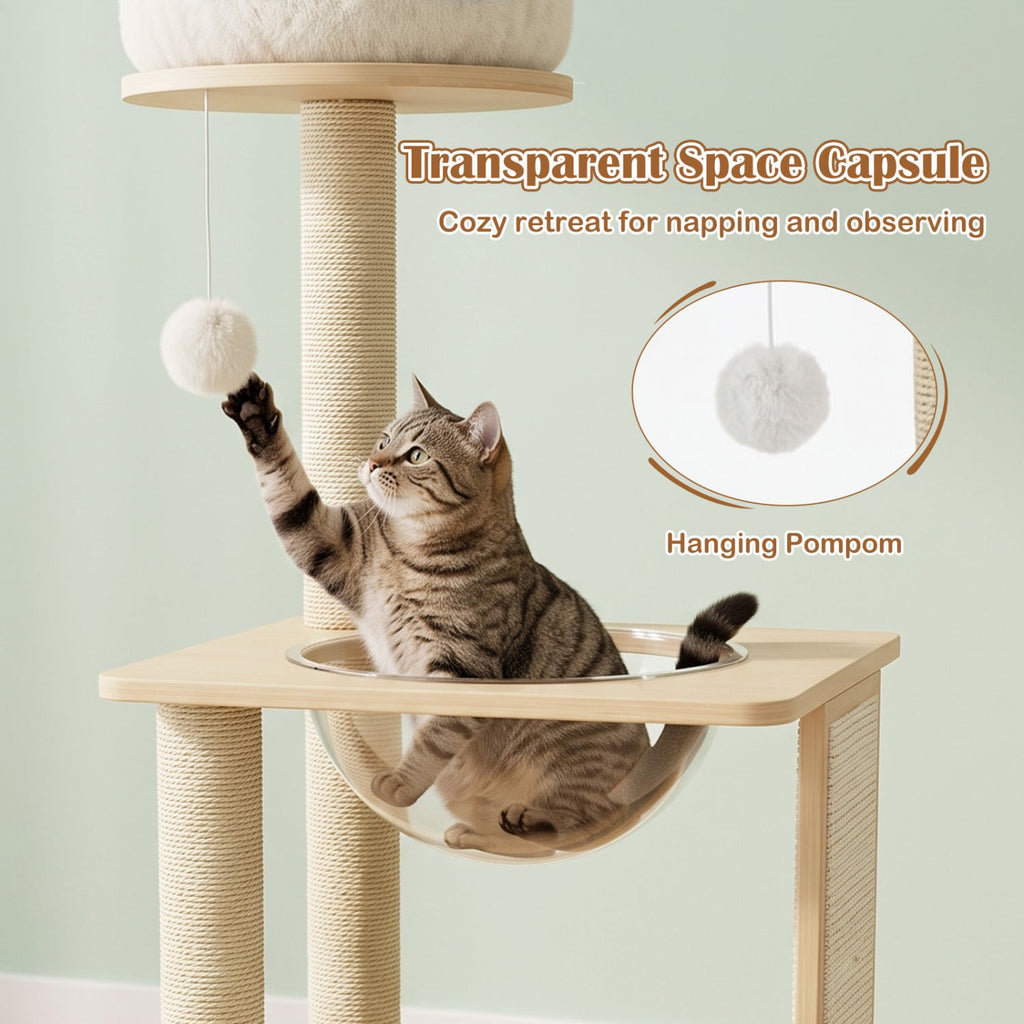 40" Solid Wood Cat Tree with Space Capsule & Sisal Posts