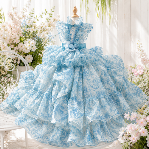 Blue Floral Pet Wedding Dress with Detachable Train gown with a train