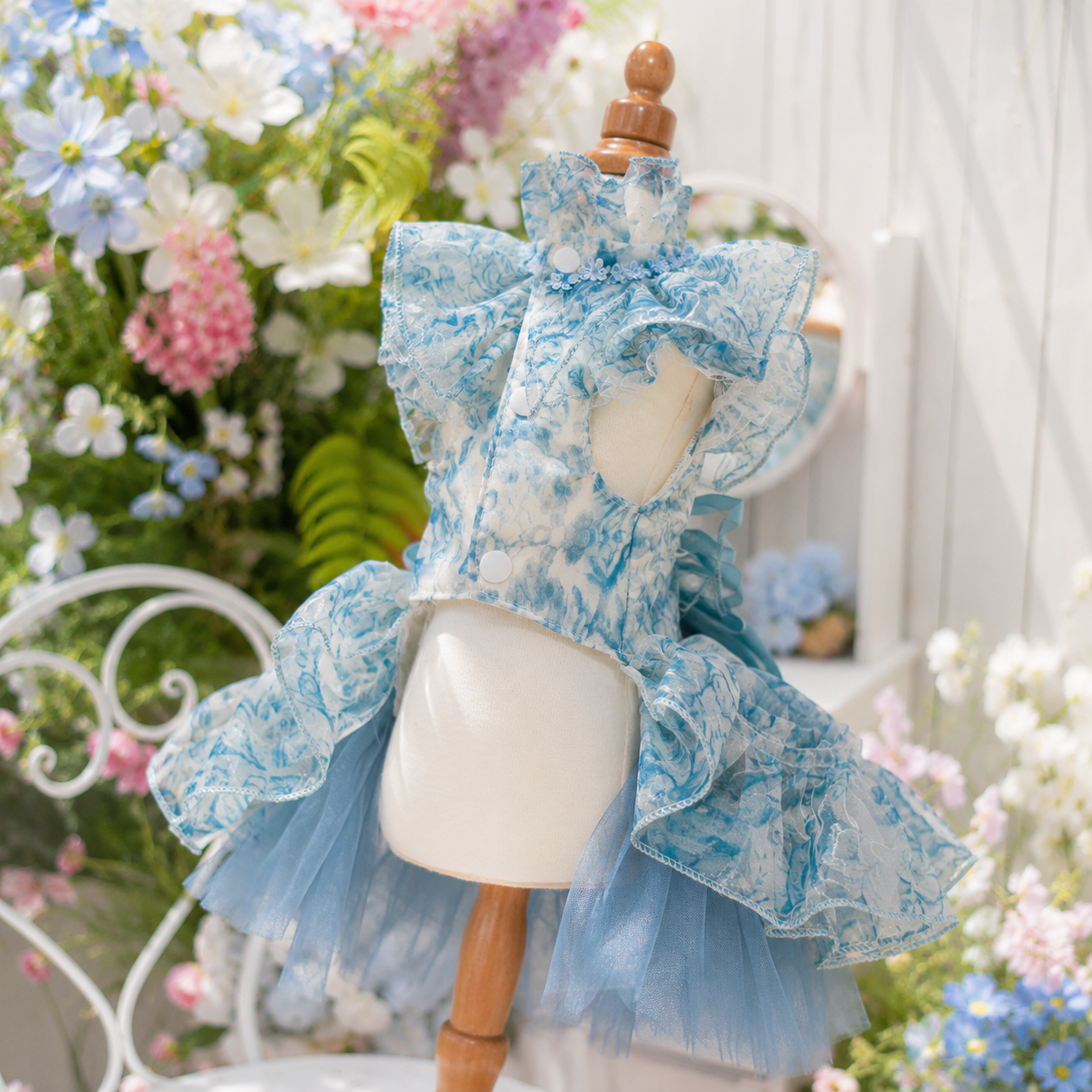 Blue Floral Pet Wedding Dress with Detachable Train