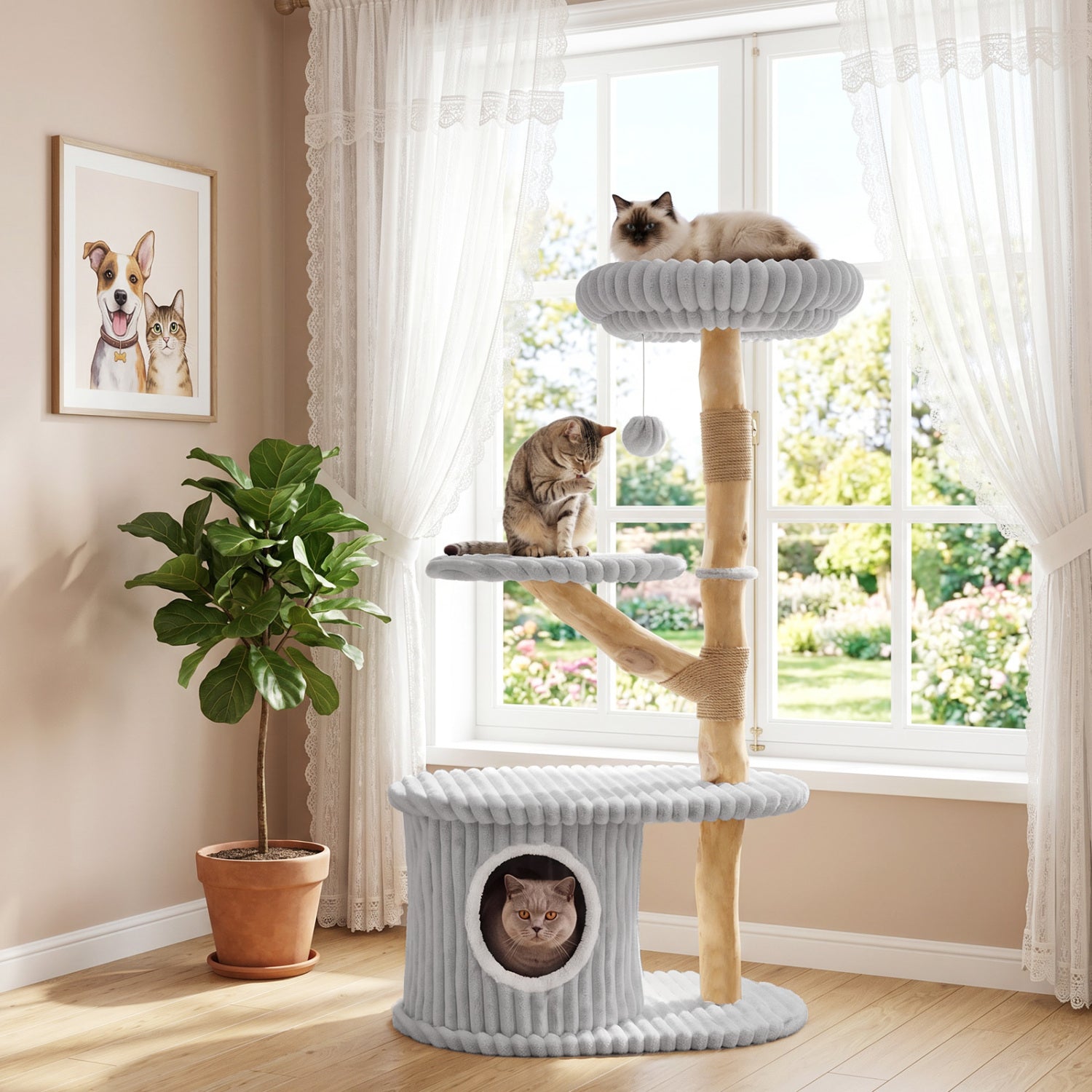 41-Inch Cat Tower with Real Wood Branches & Scratching Posts Gray