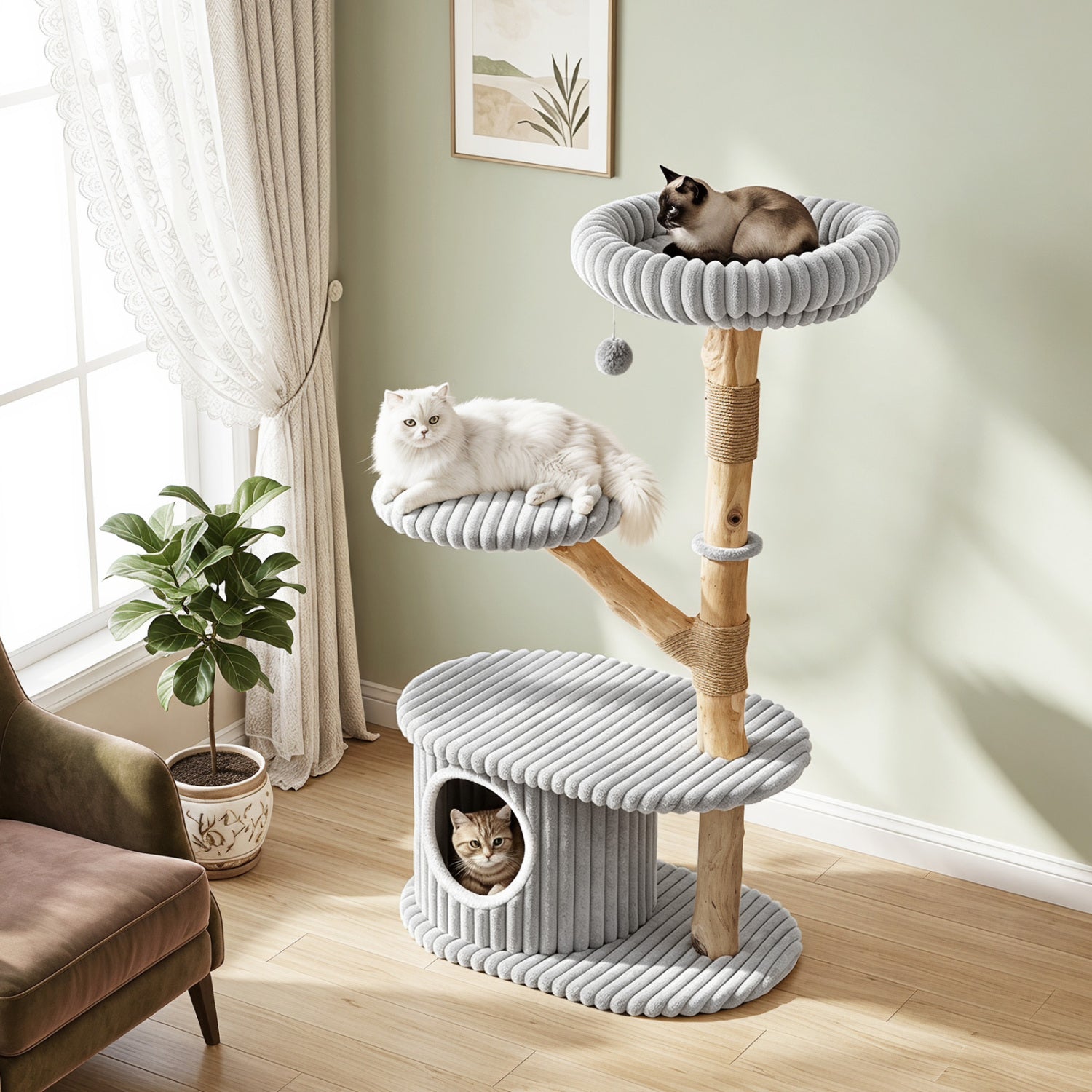 41-Inch Cat Tower with Real Wood Branches & Scratching Posts