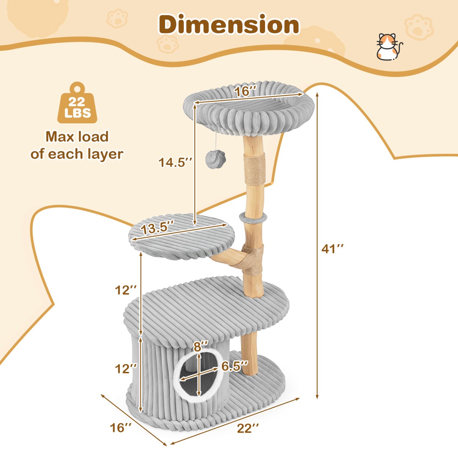 41-Inch Cat Tower with Real Wood Branches & Scratching Posts