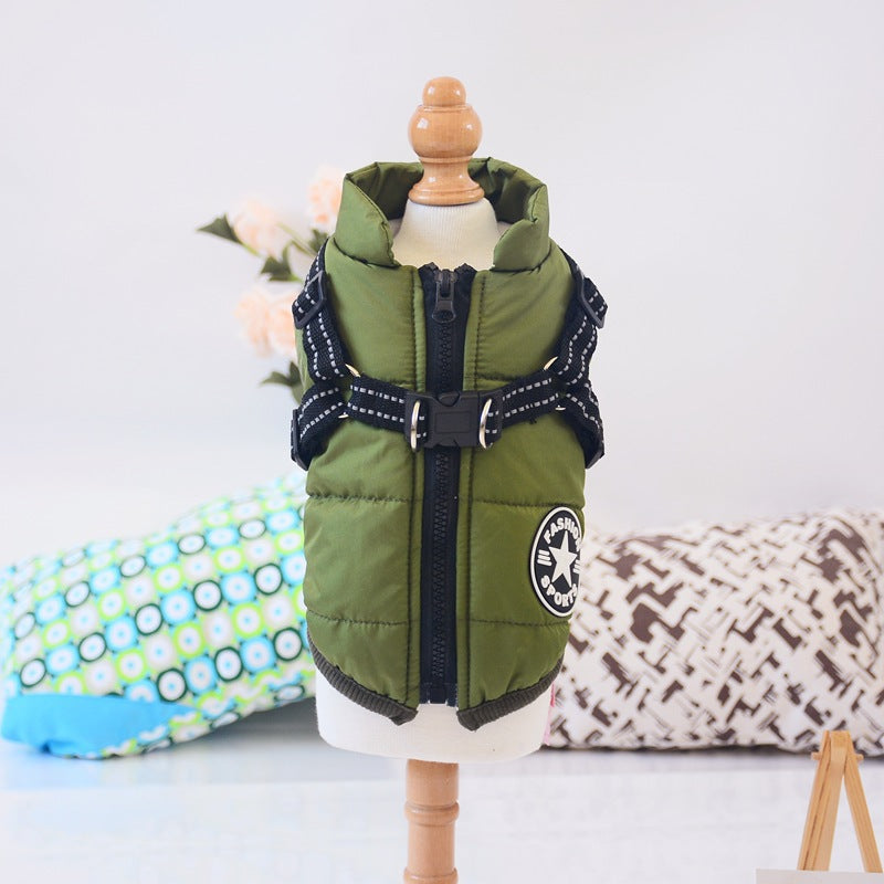Waterproof Dog Clothes Winter Dog Coat With Harness Warm Pet Clothing Big Dog Jacket Chihuahua Labrador Coat Costume Army Green XS