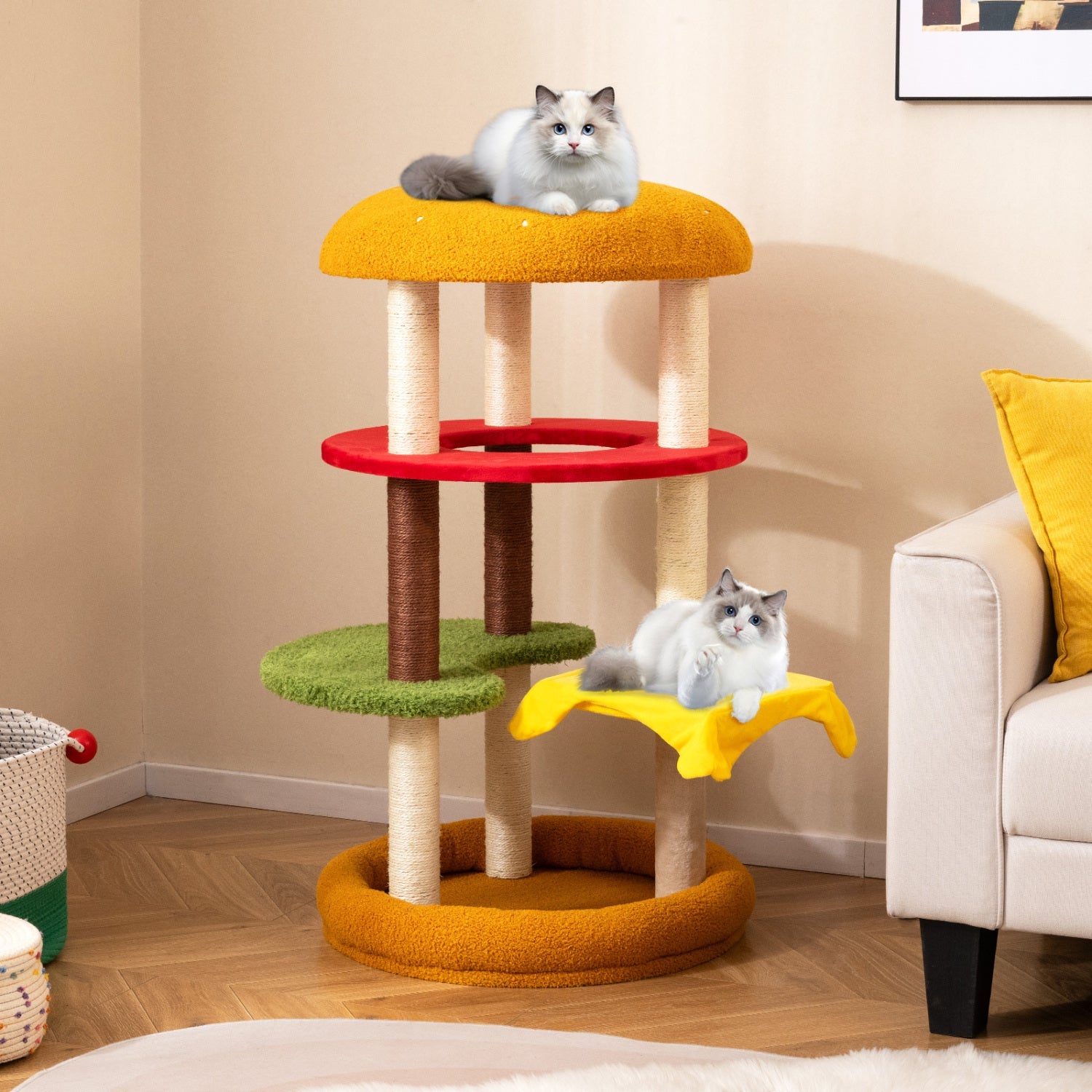 42 Inch Tall Modern Cat Tree Multi-Level with Padded Perch and Cat Bed