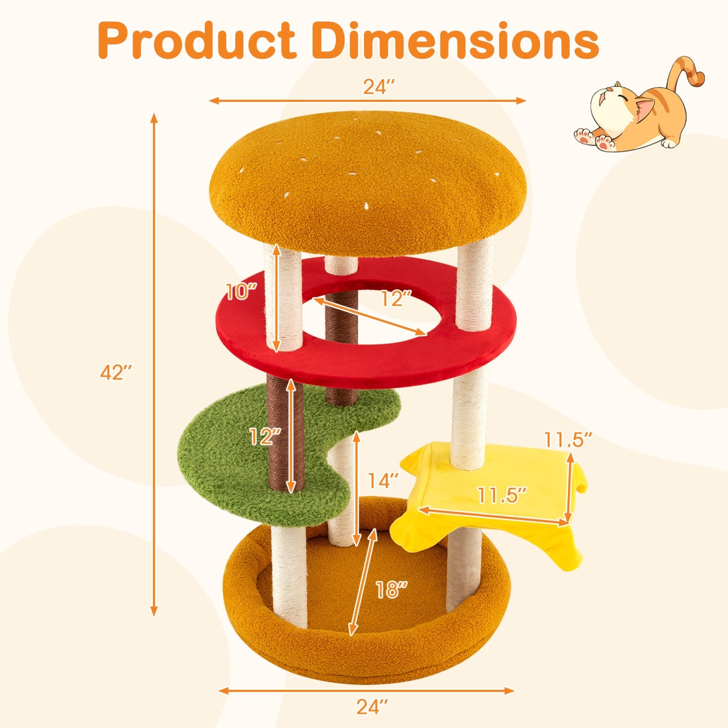 42 Inch Tall Modern Cat Tree Multi-Level with Padded Perch and Cat Bed