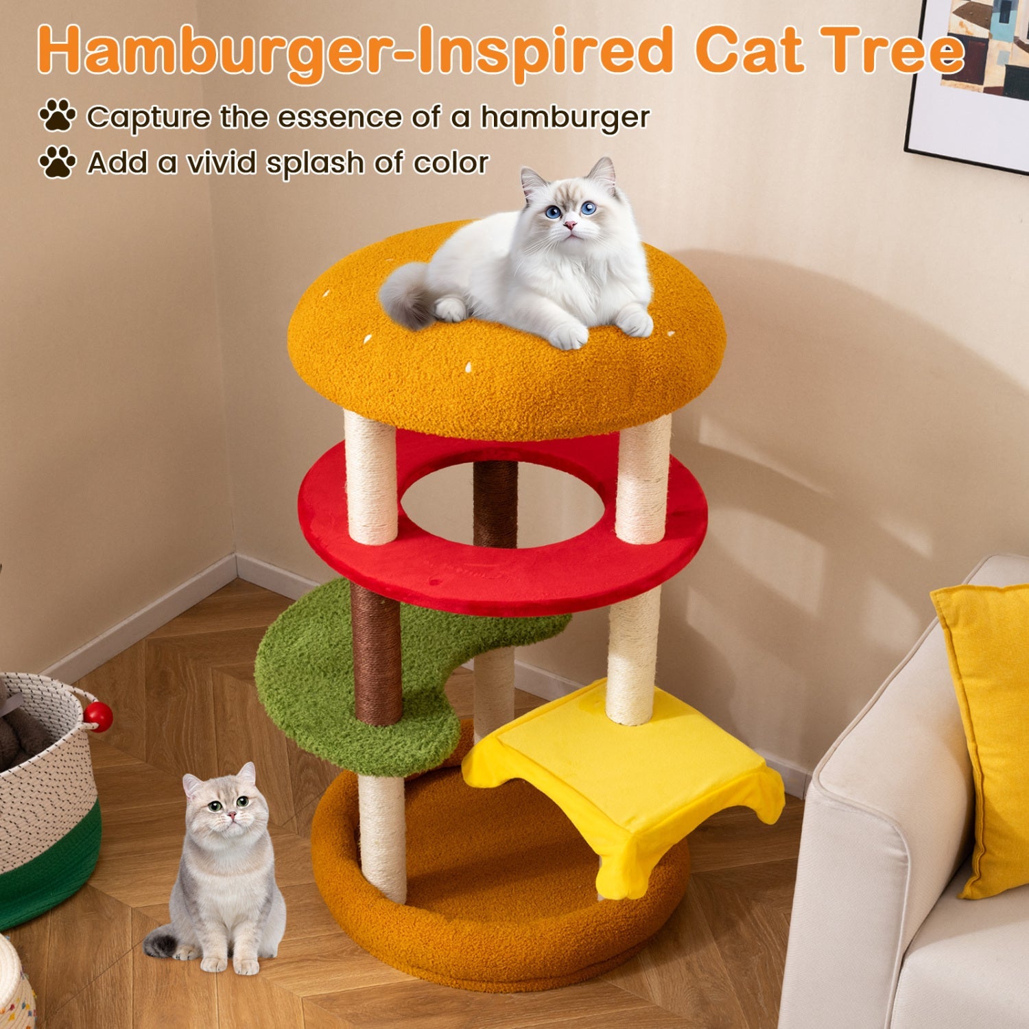 42 Inch Tall Modern Cat Tree Multi-Level with Padded Perch and Cat Bed