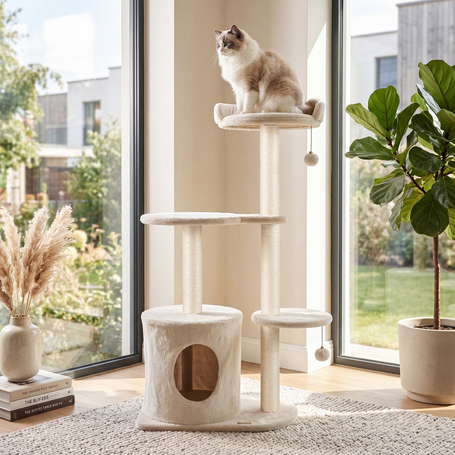 Cat Tree 43" with Condo, Perches & Scratching Posts Beige