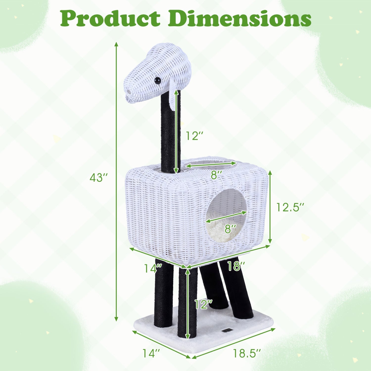43-Inch Lamb-Shaped Cat Tower with 2-Door Rattan Condo for Indoor Kittens
