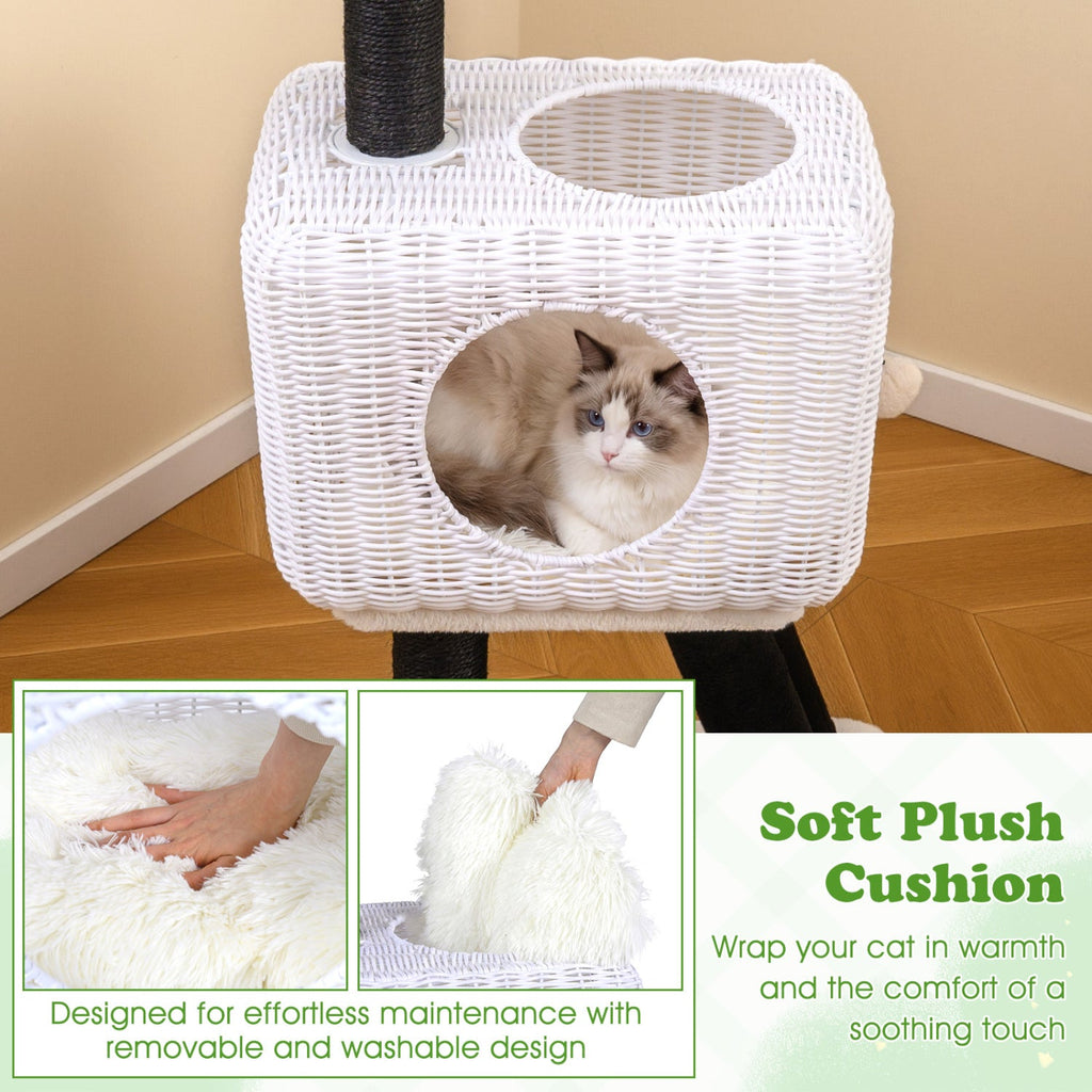 43-Inch Lamb-Shaped Cat Tower with 2-Door Rattan Condo for Indoor Kittens
