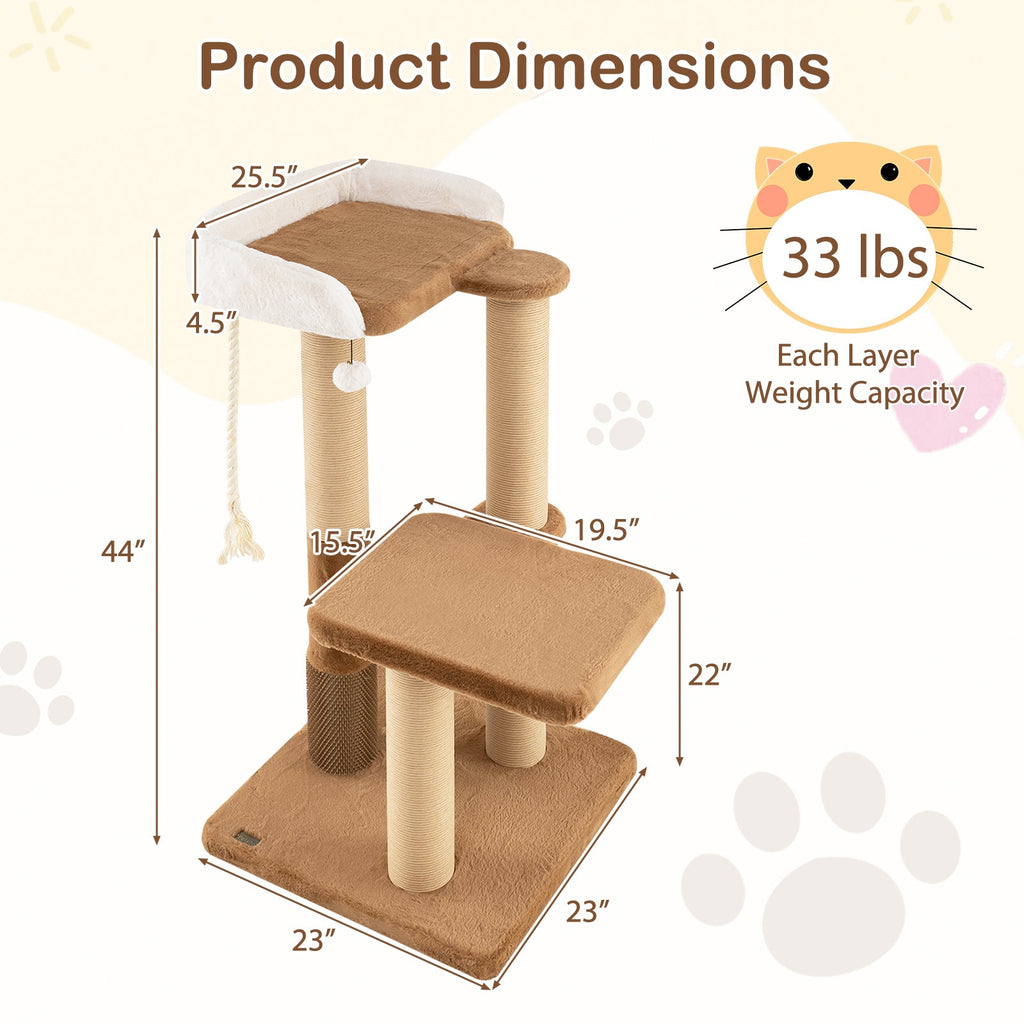44 Inches Modern Cat Tree for Indoor Cats with Plush Padded Perch and Dangling Ball-Coffee