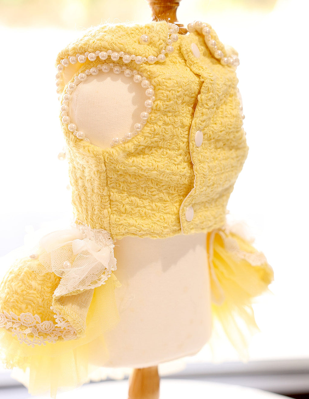 Yellow Tweed Pet Dress with Pearl Collar