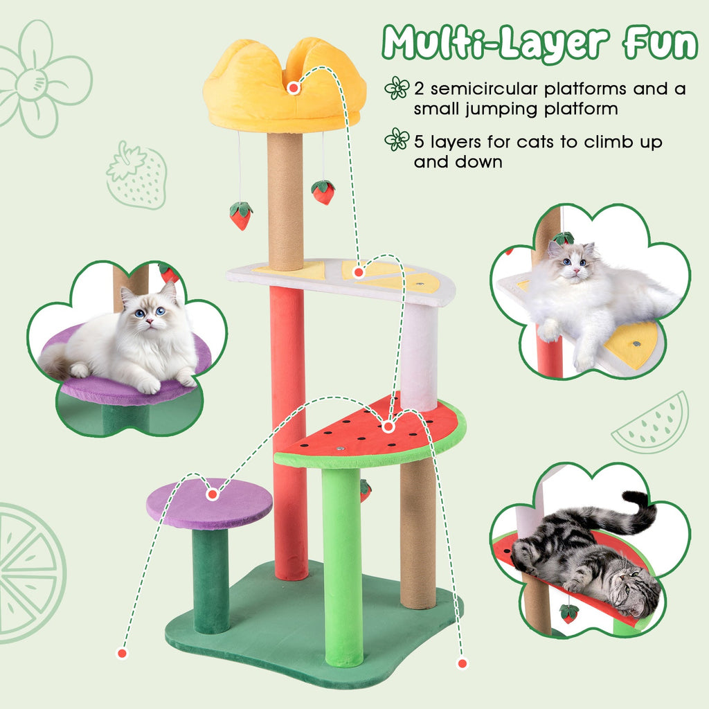 45 Inch Multi-Level Cat Tree with Plush Padded Top Perch and Fruit-Shaped Platforms