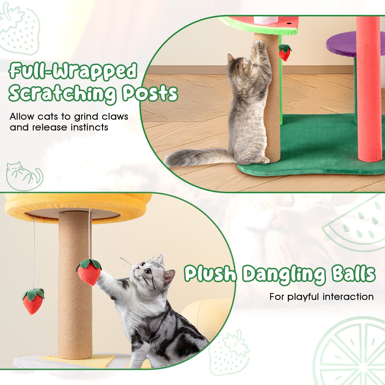 45 Inch Multi-Level Cat Tree with Plush Padded Top Perch and Fruit-Shaped Platforms