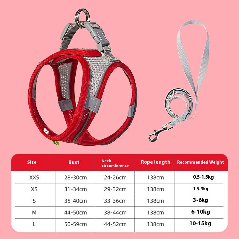 Reflective Dog Vest Harness & Leash – Breathable Polyester | XXS–L | 7 Colors Red Rope length 138cm