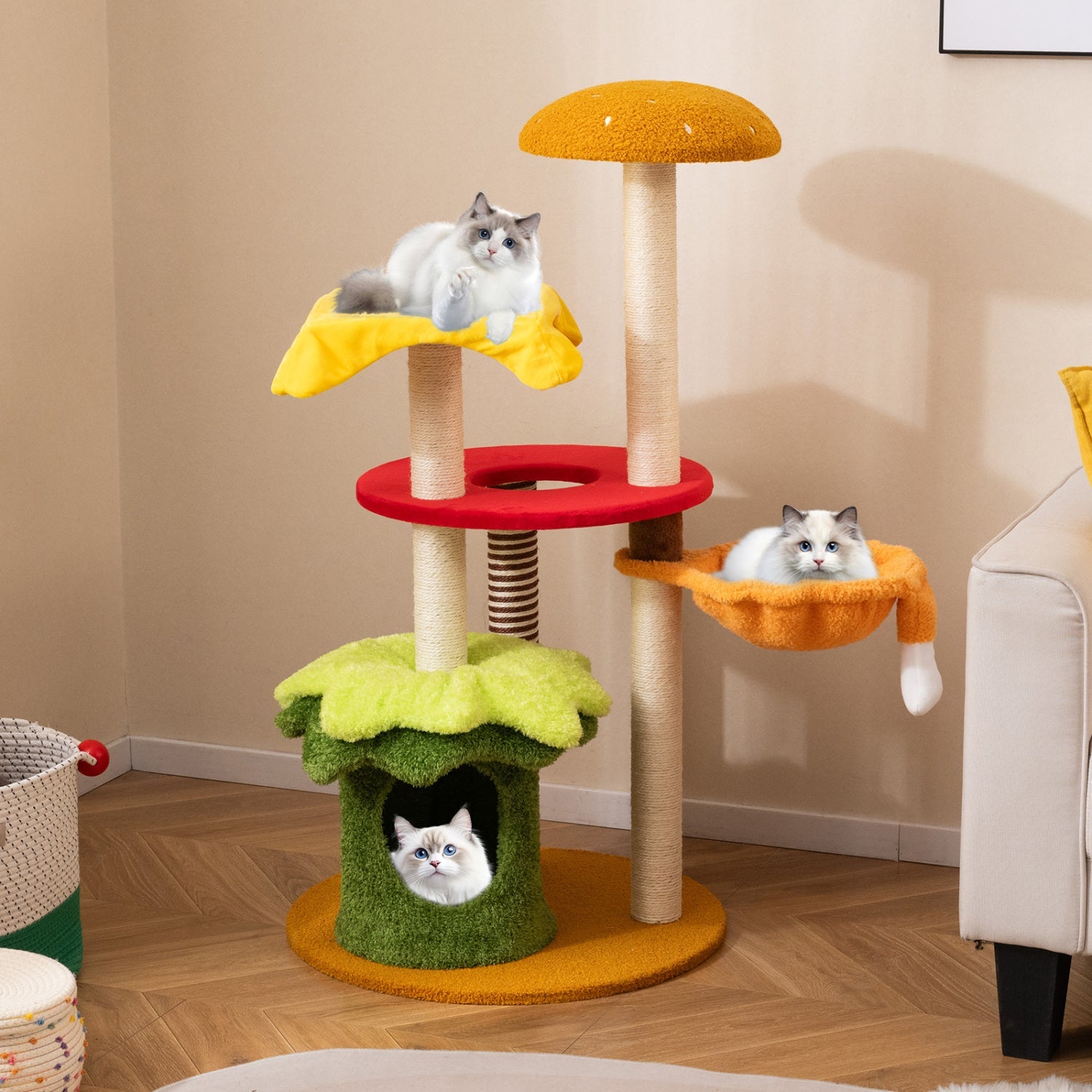46 Inch Tall Cat Tree Multi-Level with Padded Perch and Hanging Basket Bed