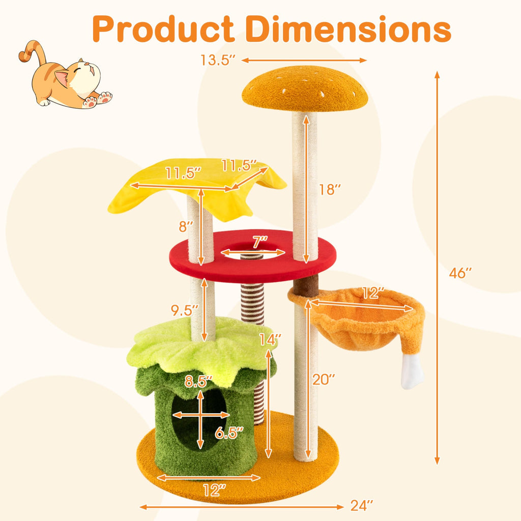 46 Inch Tall Cat Tree Multi-Level with Padded Perch and Hanging Basket Bed