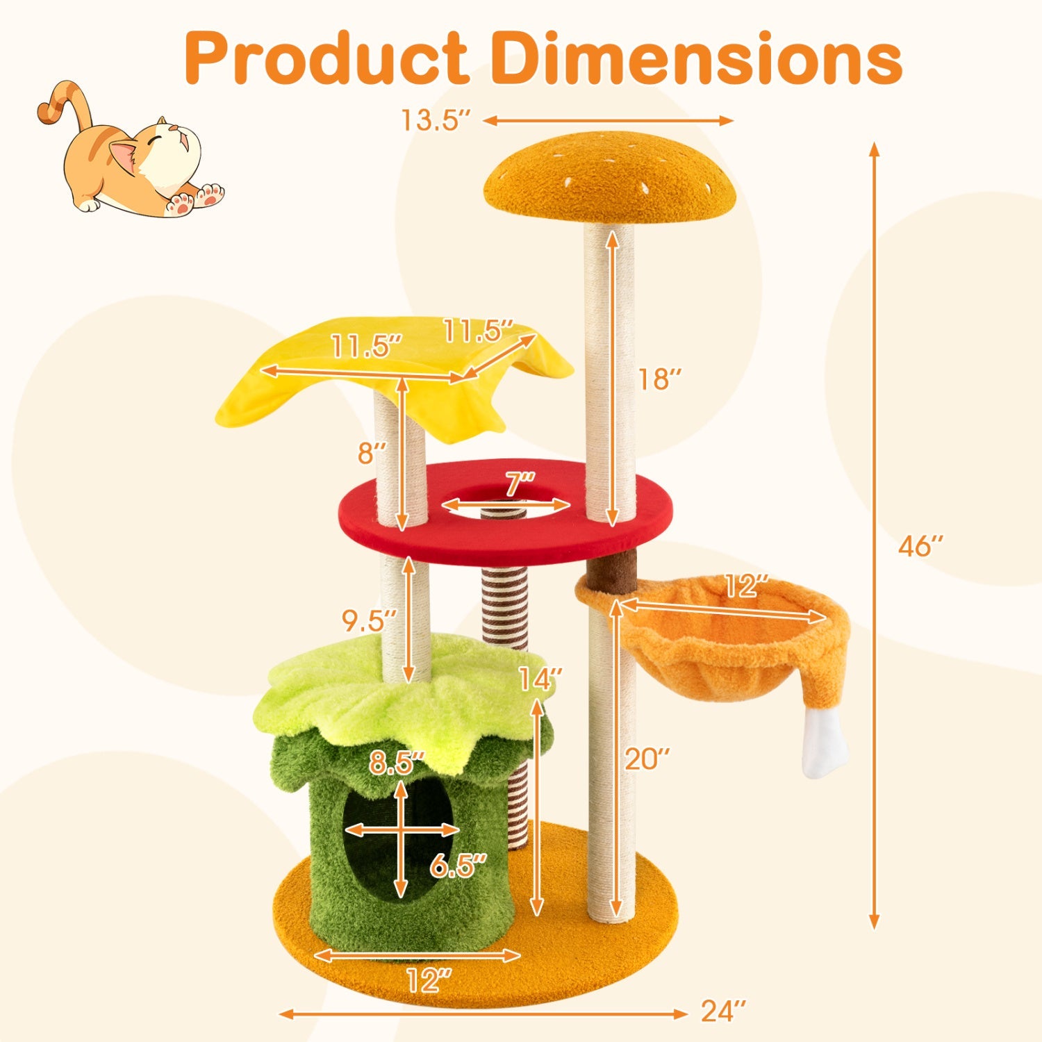 46 Inch Tall Cat Tree Multi-Level with Padded Perch and Hanging Basket Bed