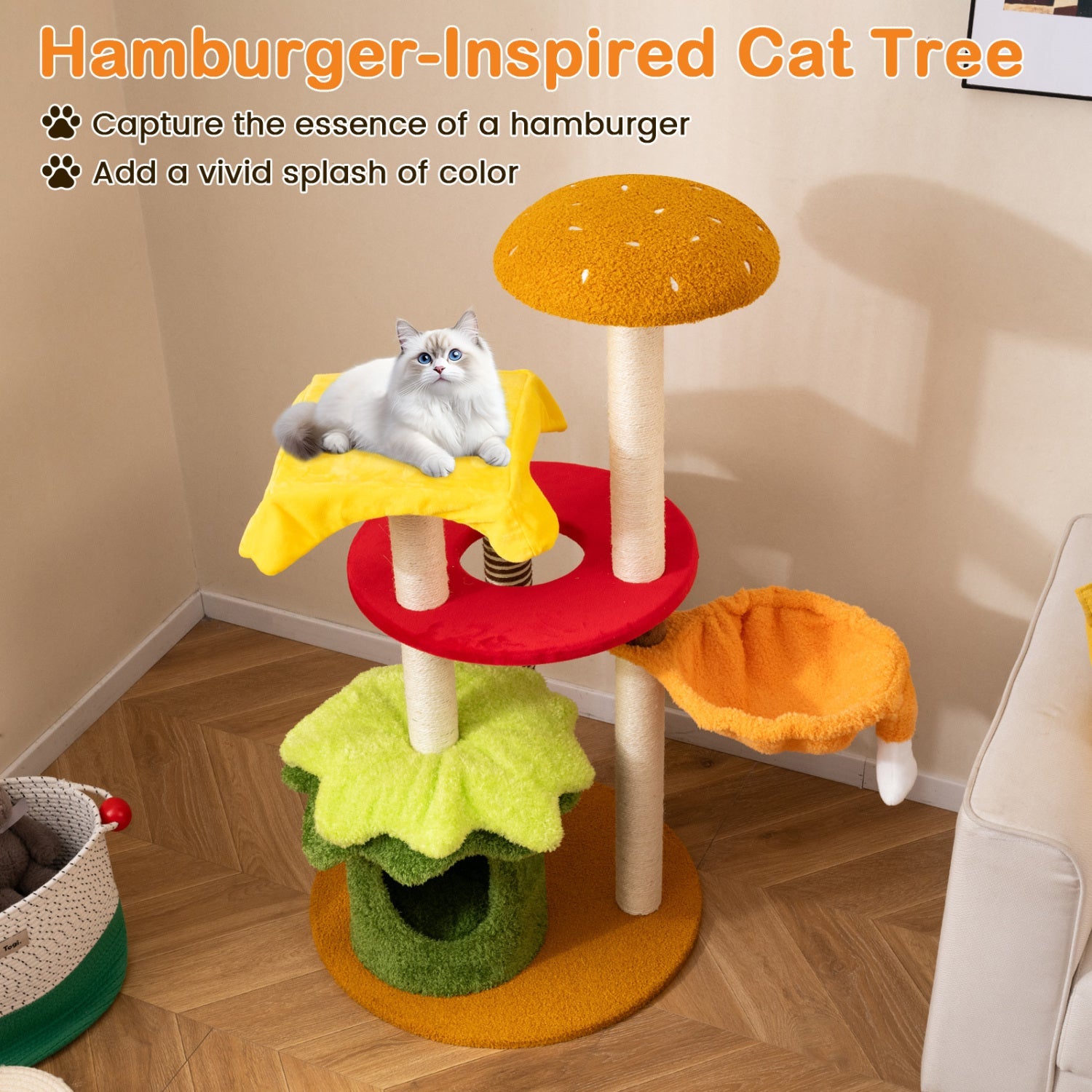 46 Inch Tall Cat Tree Multi-Level with Padded Perch and Hanging Basket Bed