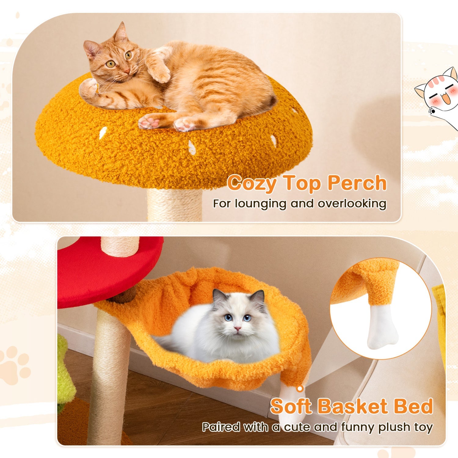 46 Inch Tall Cat Tree Multi-Level with Padded Perch and Hanging Basket Bed